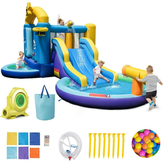 OLAKIDS Inflatable Water Slide, 6 in 1 Ocean Theme Bounce House Water Park with Slide Splash Pool Ball Pit Water Gun 735W Blower 50PCS Ocean Balls, Outdoor Inflatable Obstacle Course Backyard