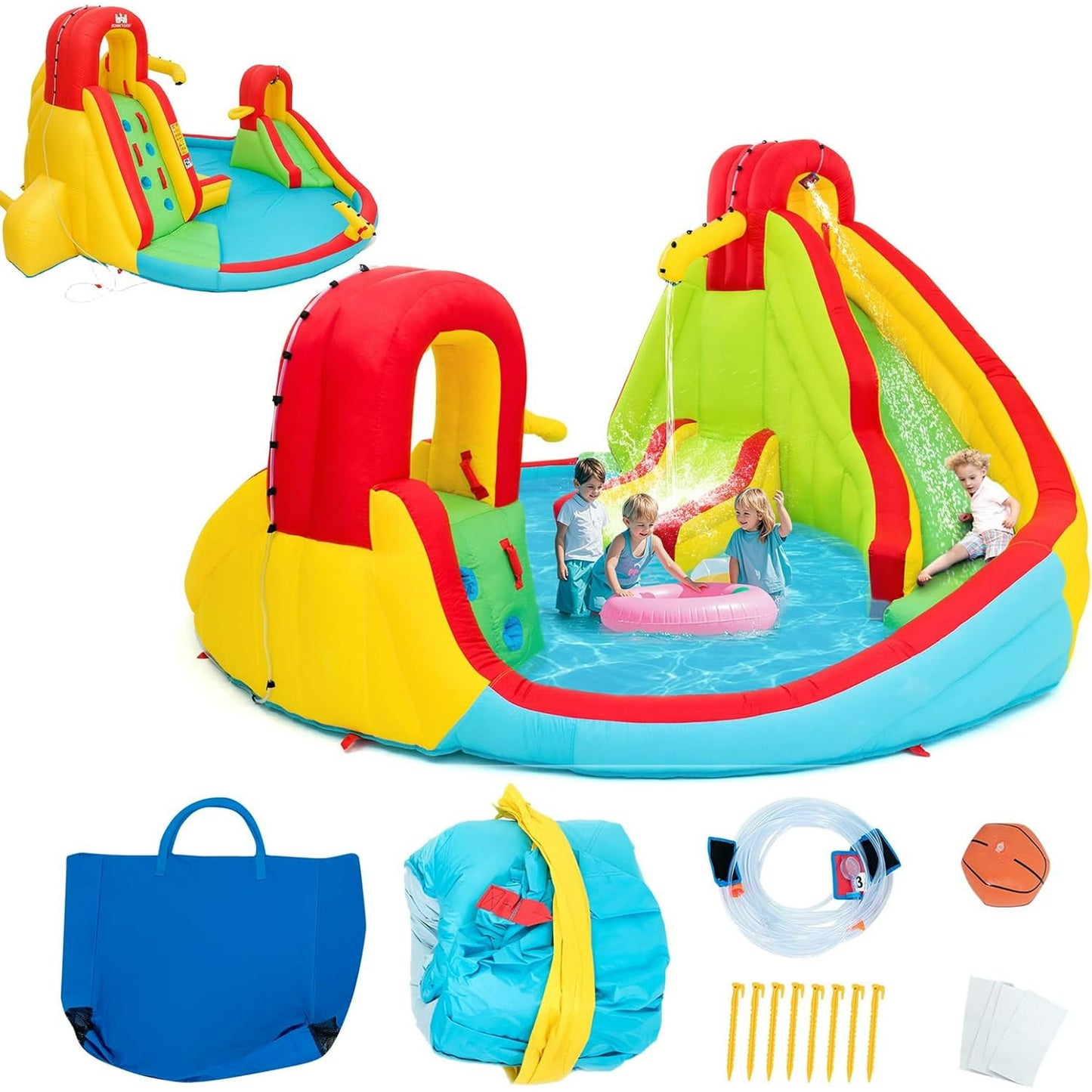 OLAKIDS Inflatable Water Slide, 7 in 1 Bounce House with 2 Slides, Climbing Wall, Splash Pool, Basketball Rim, 2 Water Guns, Jumping Castle with Carrying Bag, Repairing Kit, Hose