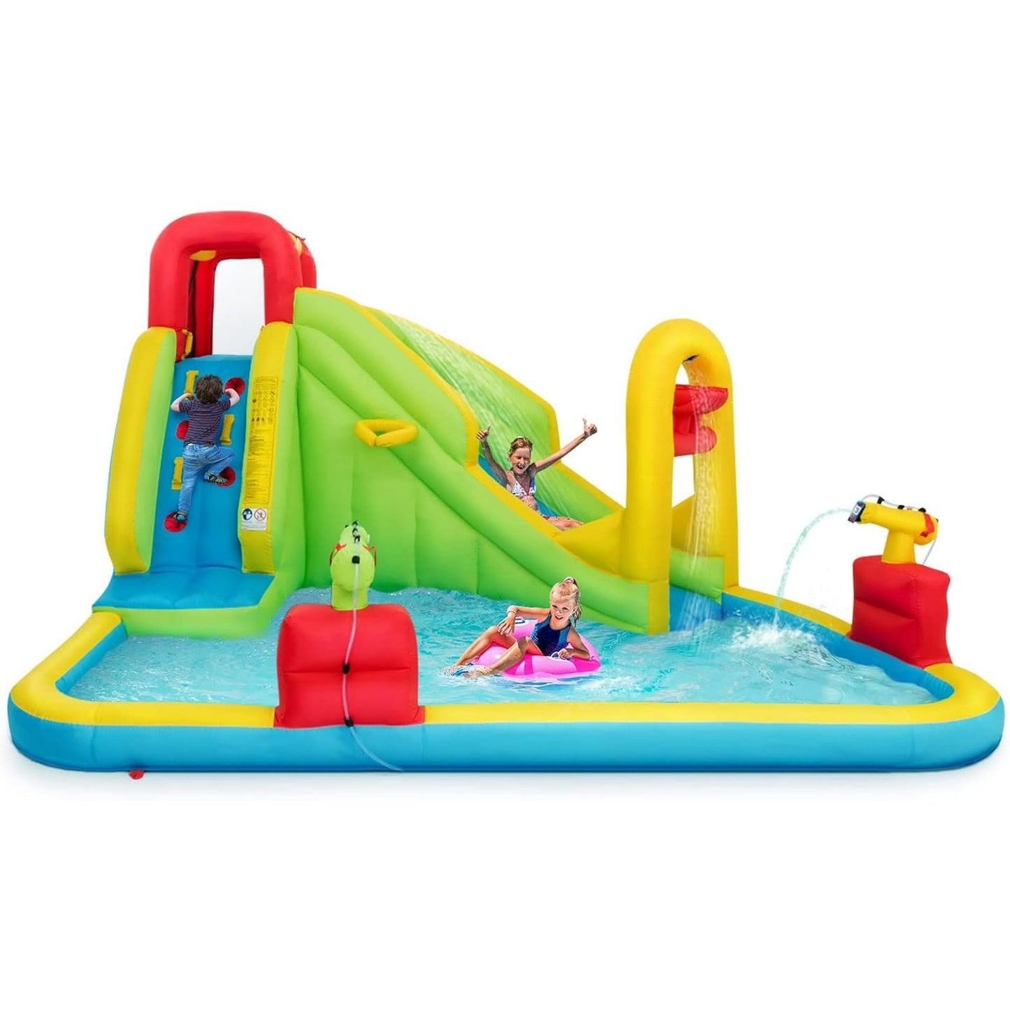 OLAKIDS Inflatable Water Slide, 7 in 1 Bounce House with 2 Slides, Climbing Wall, Splash Pool, Basketball Rim, 2 Water Guns, Outdoor Water Park with Carrying Bag, Hose