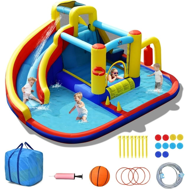 OLAKIDS Inflatable Water Slide, 8 in 1 Bounce House Water Park with Slide Splash Pool Climbing Wall Basketball Hoop Ring Toss, Outdoor Inflatable Obstacle Course for Kids Backyard