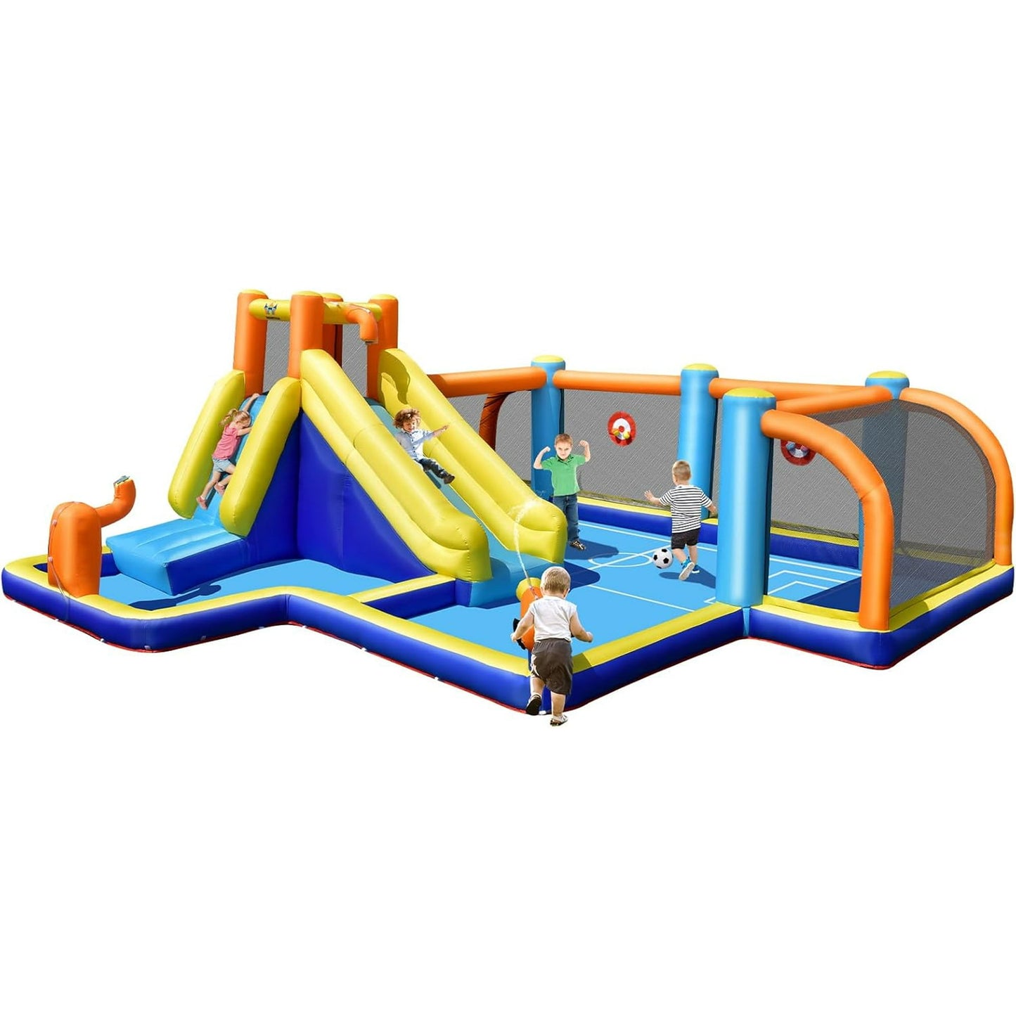 OLAKIDS Inflatable Water Slide, 8 in 1 Bounce House Water Park with Soccer Goals Splash Pool Climbing Wall Water Guns Target Game, Outdoor Inflatable Obstacle Course Backyard (without Blower)