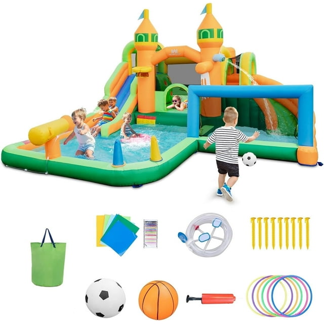 OLAKIDS Inflatable Water Slide, 9 in 1 Bounce House Water Park with Soccer Gate 2 Slides Splash Pool Water Gun Basketball Rim, Outdoor Inflatable Obstacle Course for Kids Backyard (Without 735W)