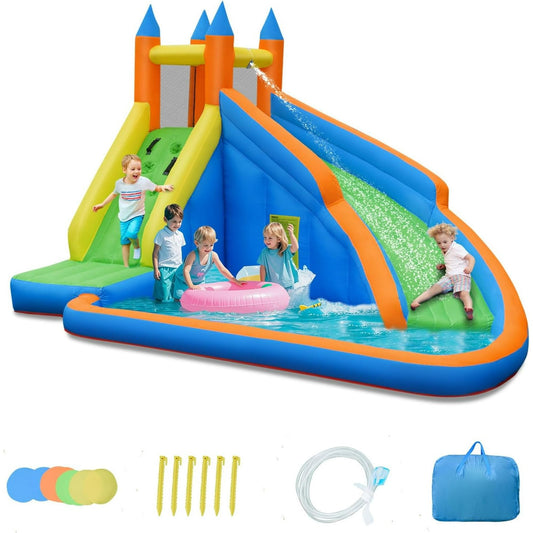 OLAKIDS Inflatable Water Slide, Bounce House Water Park with Slide Climbing Wall Splash Pool, Indoor Outdoor Jumping Castle Obstacle Course for Kids Backyard with Carrying Bag Repairing Kit Stakes