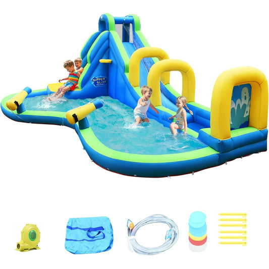 OLAKIDS Inflatable Water Slide, Bouncing House with Slide, Climbing Wall, Splash Pool, Basketball Rim, 2 Water Guns, Jumping Castle, Accessories with Carrying Bag, Repairing Kit, Hose