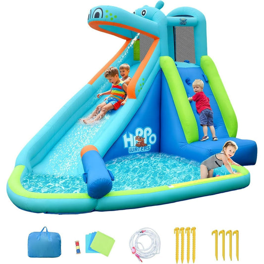 OLAKIDS Inflatable Water Slide, Hippo Theme Bounce House with Slide, Splash Pool, Climbing Wall, Water Gun, Outdoor Jumping Castle with Hose, Carry Bag, Repairing Kit