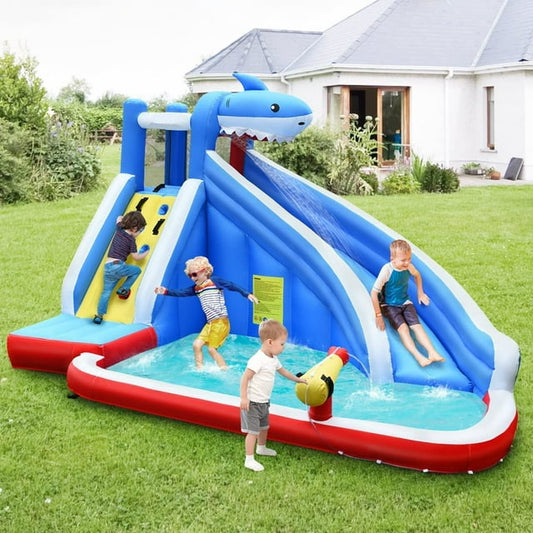 OLAKIDS Inflatable Water Slides, Bouncing House with Slide, Splash Pool, Climbing Wall, Water Gun, Shark Themed Bouncer Castle Outdoor with Hose, Carry Bag, Blower