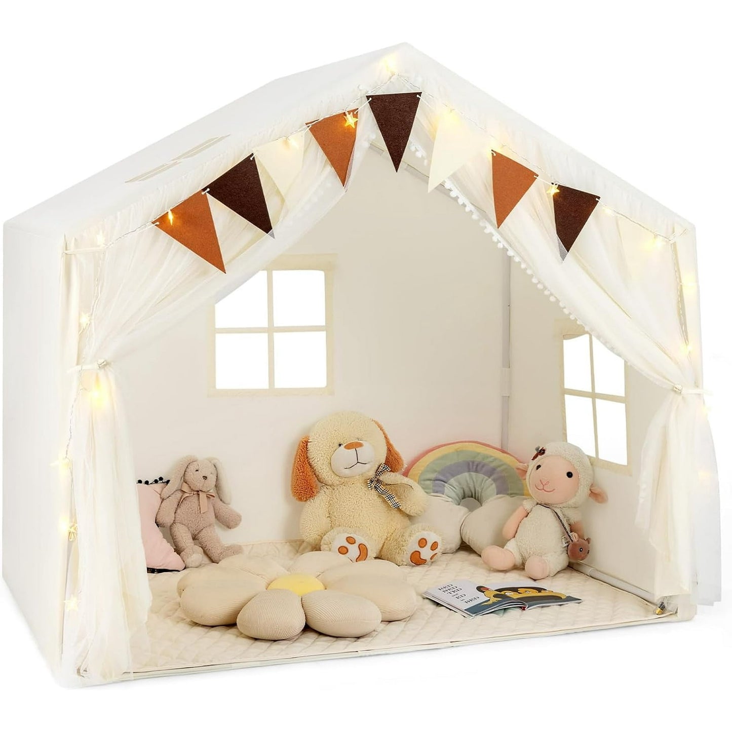 OLAKIDS Kids Play Tent, Large Size Playhouse with Washable Cotton Mat Star Light Windows Plaid Pennants, 57.5” x 38” x 52.5”, Indoor Outdoor Princess Tents Castle for Toddlers Age 3+ Years Old