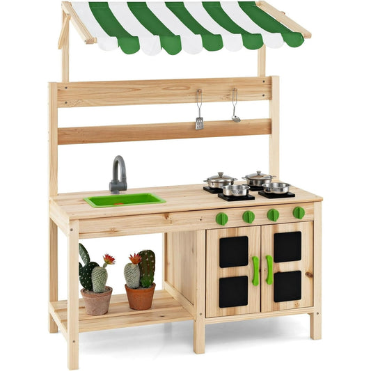 OLAKIDS Mud Kitchen, Outdoor Toys Play Kitchen with Awning Faucet Stoves Removable Sink Cooking Accessories Wooden Kids Kitchen Playset Backyard Garden Toys Gift for Boys Girls Ages 3+
