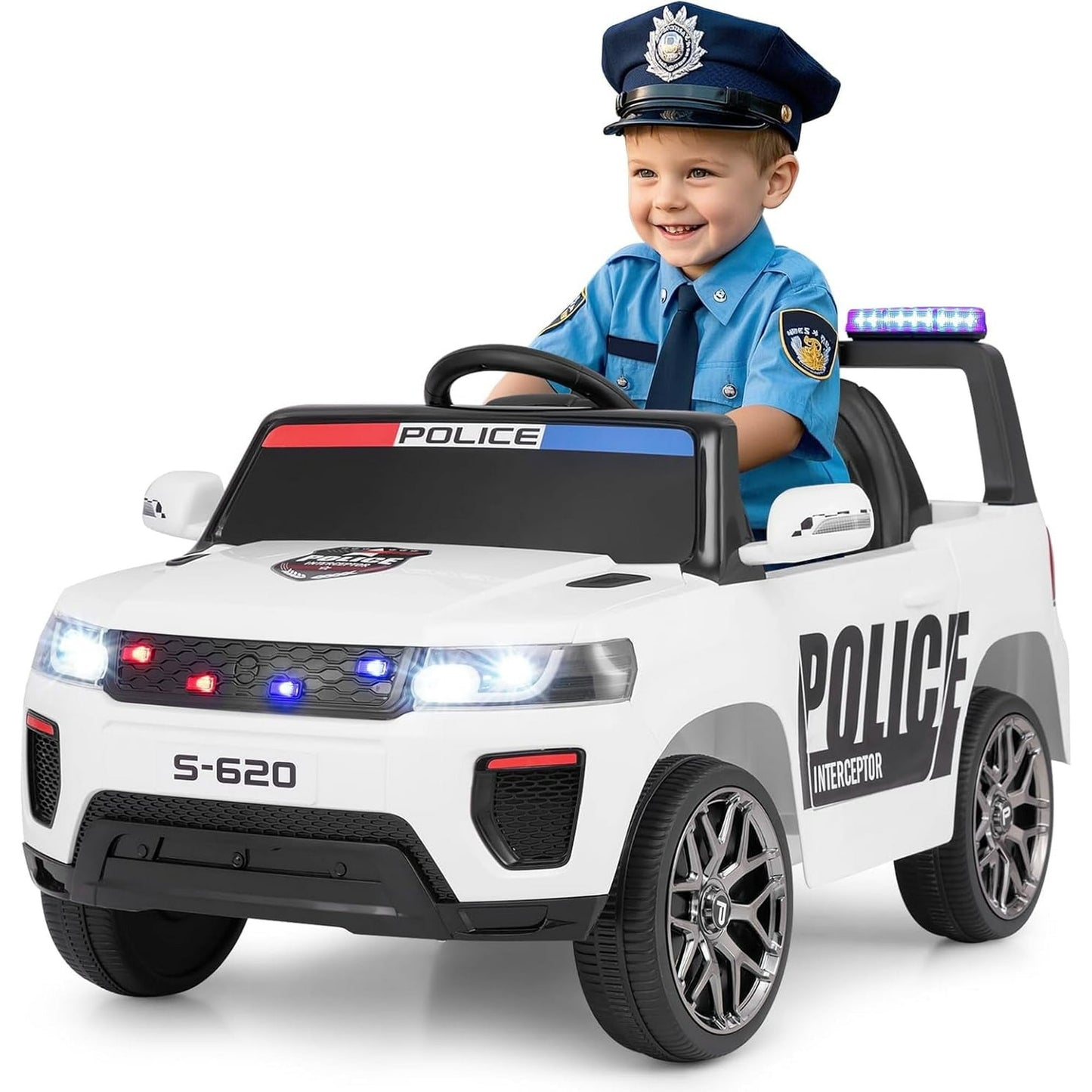 OLAKIDS Ride on Police Car, 12V Kids Battery Powered Electric Vehicle with Siren, Flashing Lights, Bluetooth, Music, MP3, USB, Power Display, Spring Suspension, Aged 3-8 Years