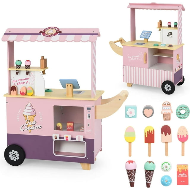 OLAKIDS Wooden Grocery Store Marketplace Toy, Market Stand Shop Pretend Play Set with Universal Wheel Food Scale Cash Register Beverage Rack 30 Accessories Gift for Ages 3+