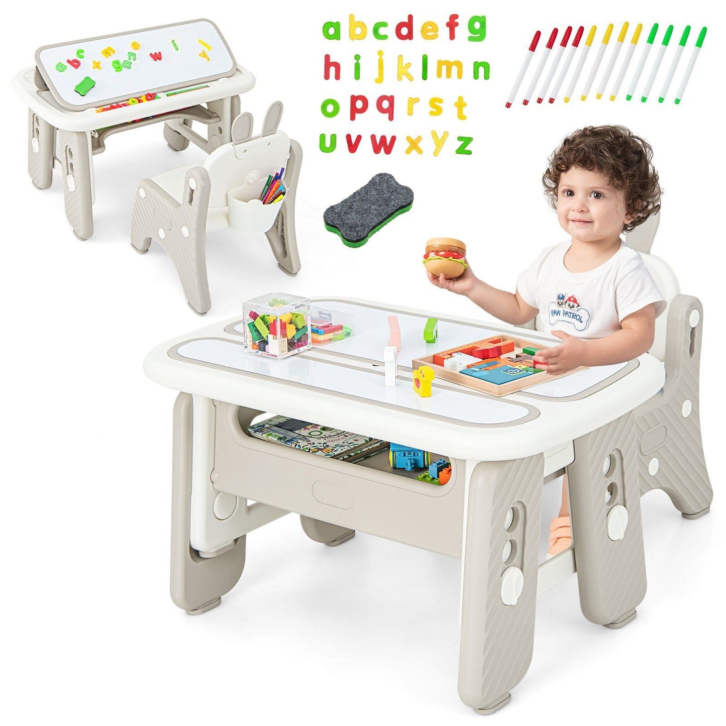 OLAKIDS Kids Table and Chair Set, Activity Table with Magnetic Drawing Board Adjustable Height, Toddler Plastic Furniture Table