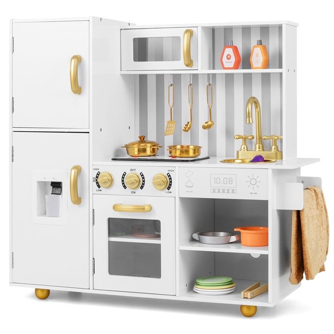 OLAKIDS Play Kitchen for Kids, Wooden Kids Play Kitchen Playset with Realistic Light & Sounds, Children Pretend Cooking Toy Set