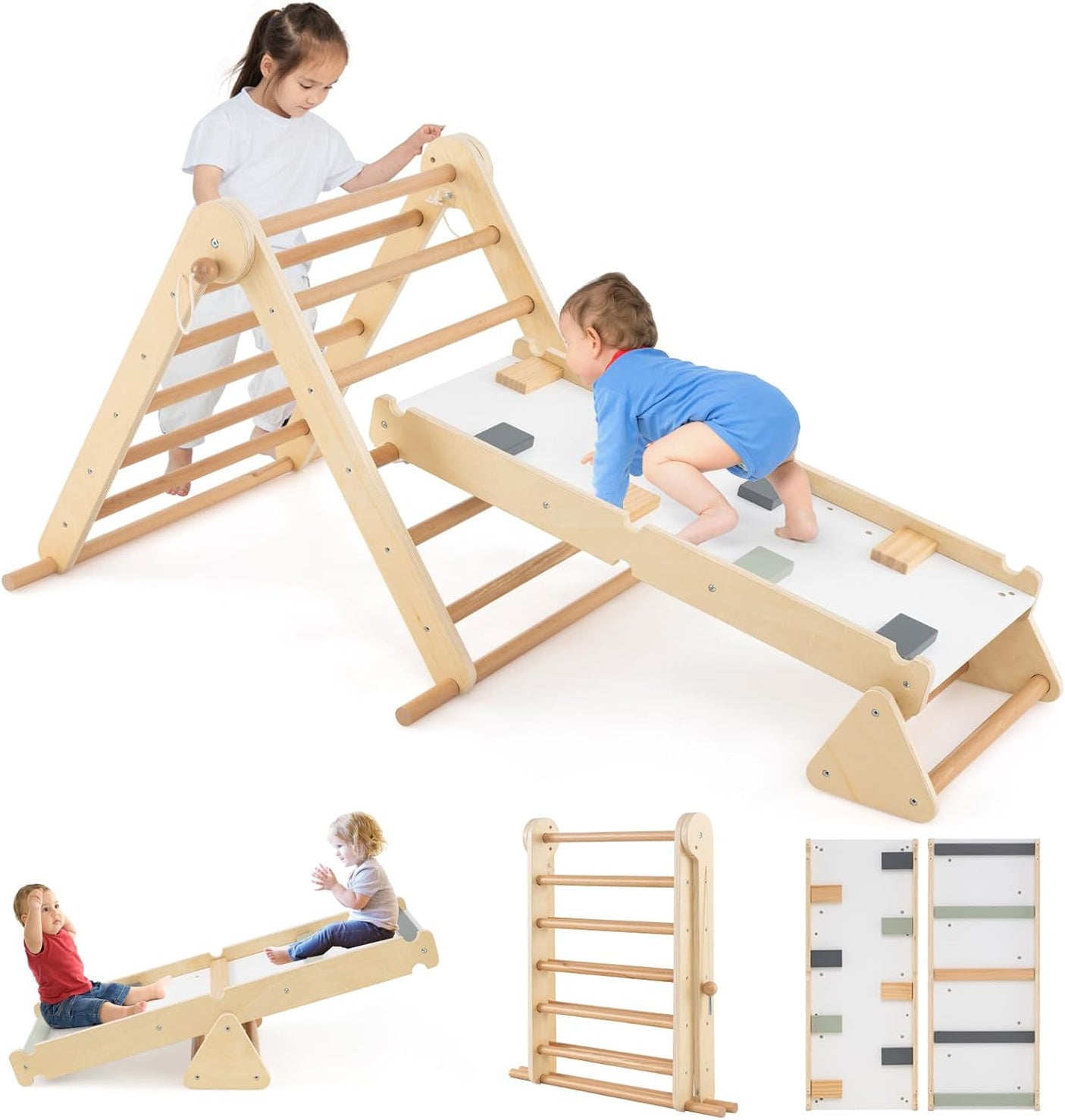 Olakids Pikler Triangle Set 7 in 1 Climbing Toys for Toddlers Foldable Baby Wood Montessori Jungle Gym