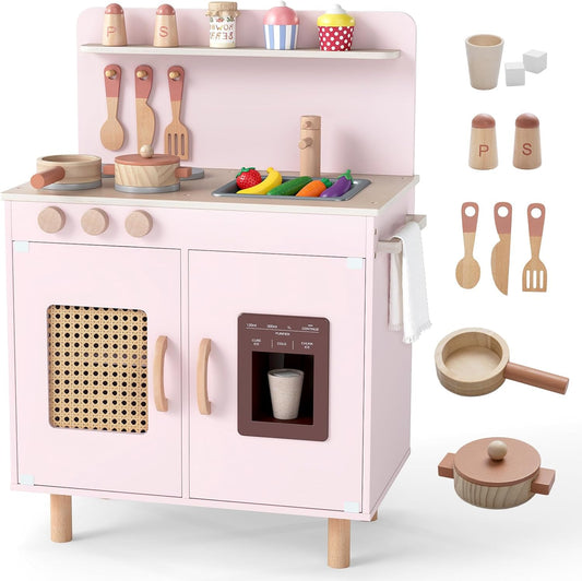 INFANS Play Kitchen for Kids, Wooden Pretend Playset Toddler Cooking Toy Gift for Boys Girls Aged 3+