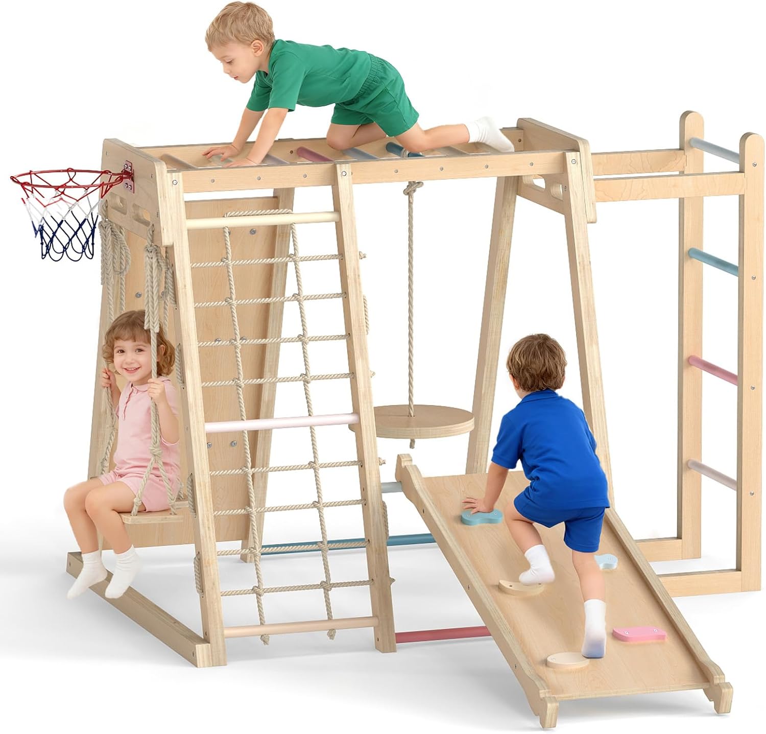 OLAKIDS Indoor Jungle Gym, 9 in 1 Wooden Montessori Baby Climbing Toys