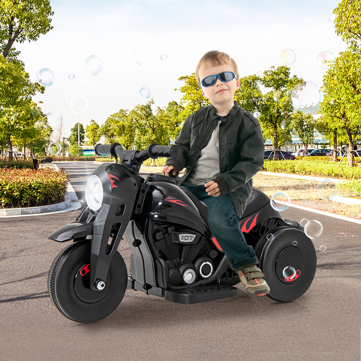 OLAKIDS Kids Motorcycle, 6V Electric Ride On Car with Automatic Bubble Function, Foot Pedal, Headlight, Music, 3 Anti-Skip Wheels Vehicle for Children, Toddler Ages 3+