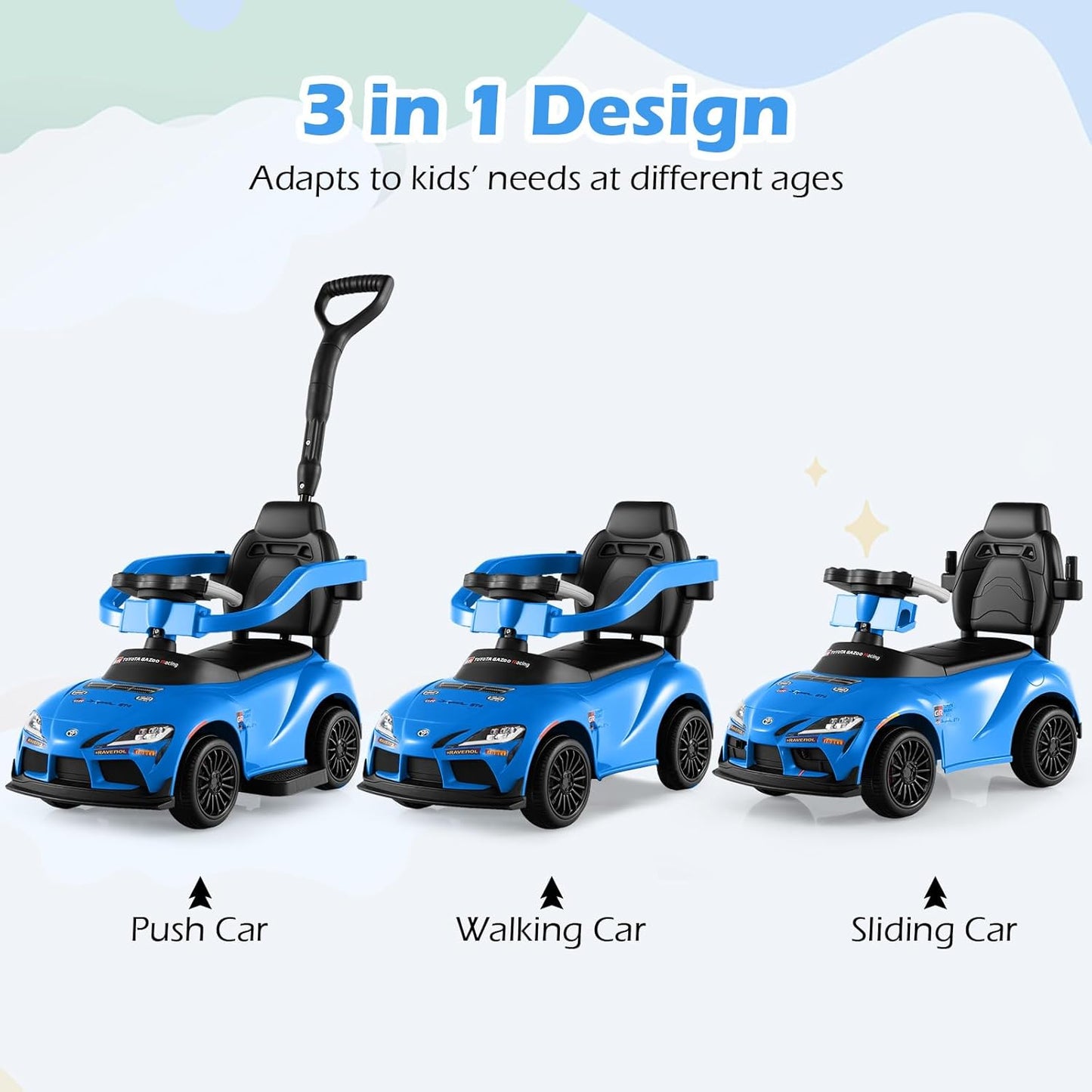 Licensed Toyota Ride on Push Car by OLAKIDS, 3 in 1 Toddlers Sliding Walking Toy with Parent Control Handle, Removable Guardrails, Underneath Storage