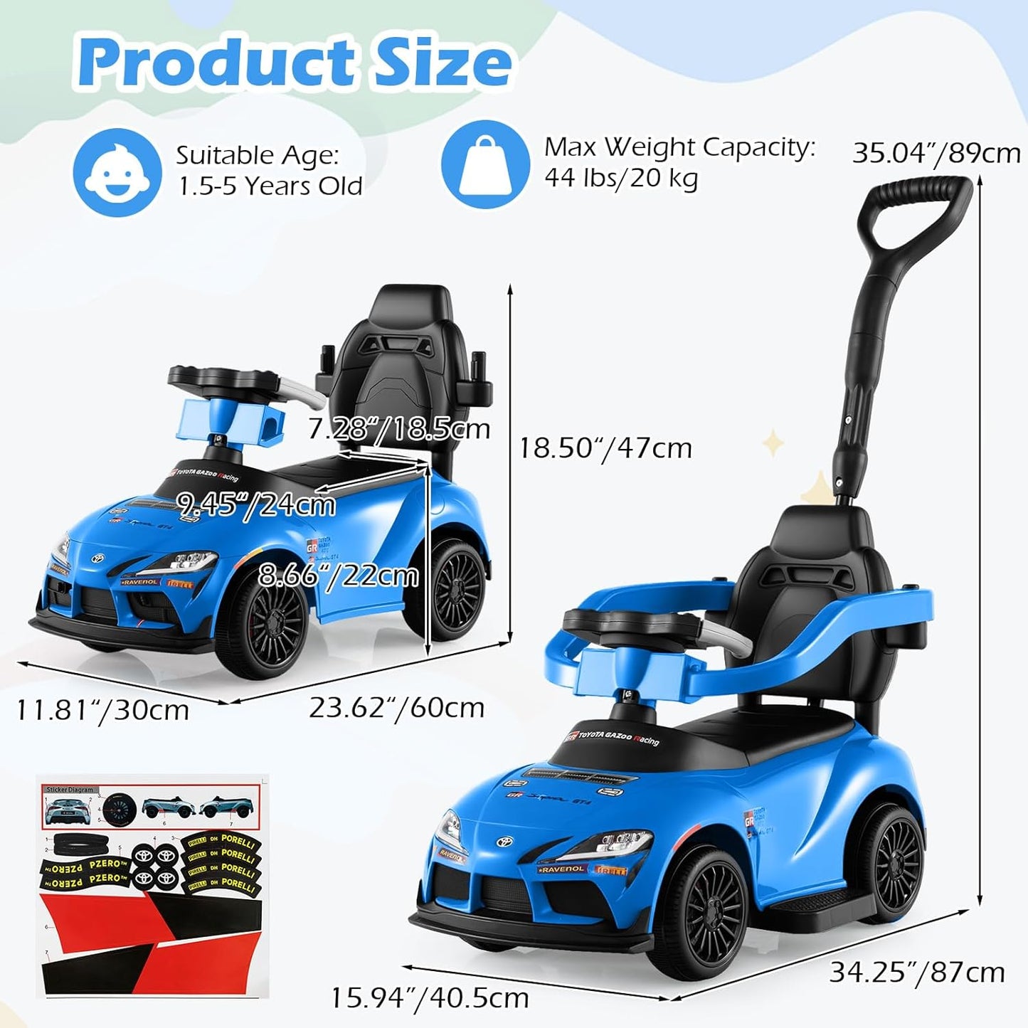 Licensed Toyota Ride on Push Car by OLAKIDS, 3 in 1 Toddlers Sliding Walking Toy with Parent Control Handle, Removable Guardrails, Underneath Storage