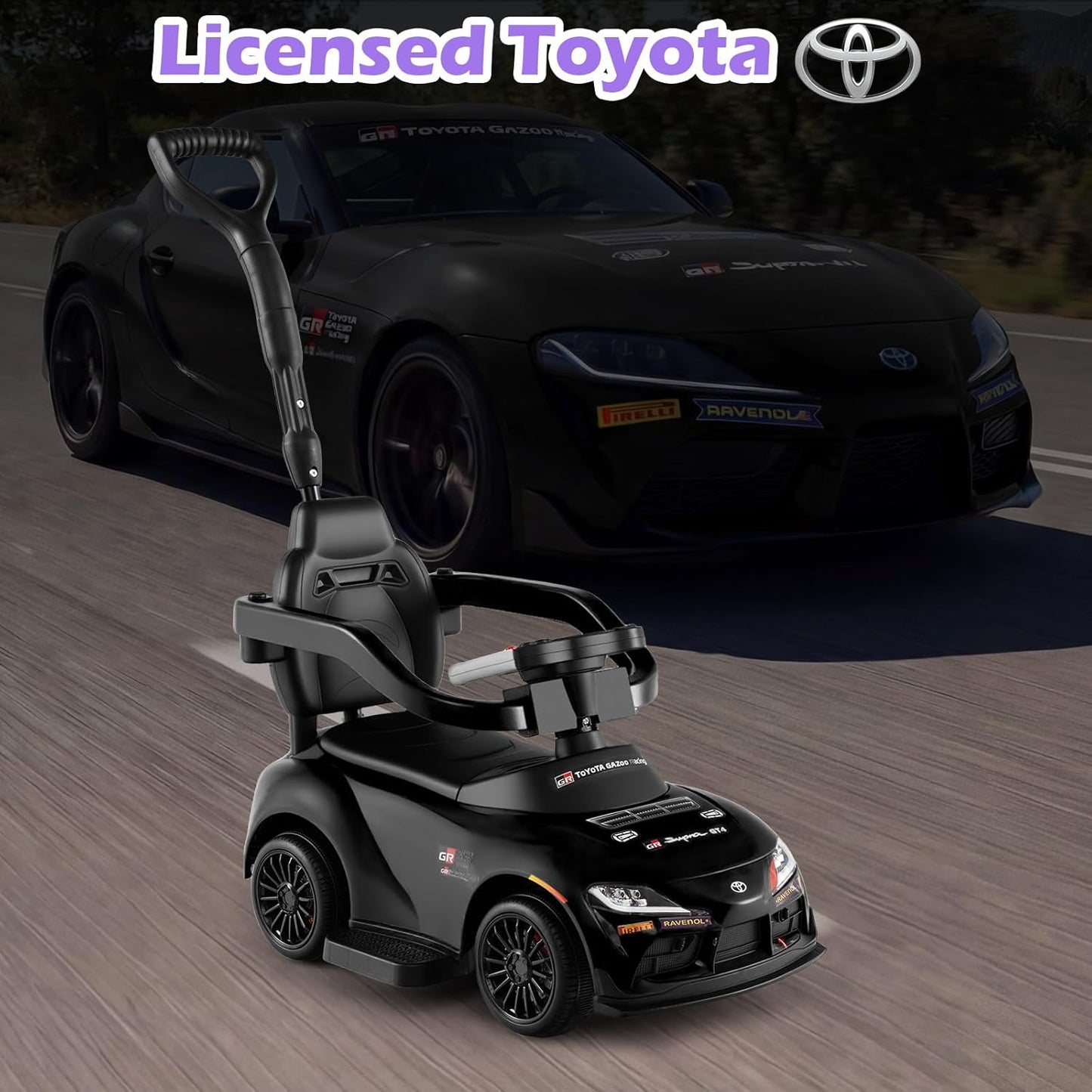 Licensed Toyota Ride on Push Car by OLAKIDS, 3 in 1 Toddlers Sliding Walking Toy with Parent Control Handle, Removable Guardrails, Underneath Storage