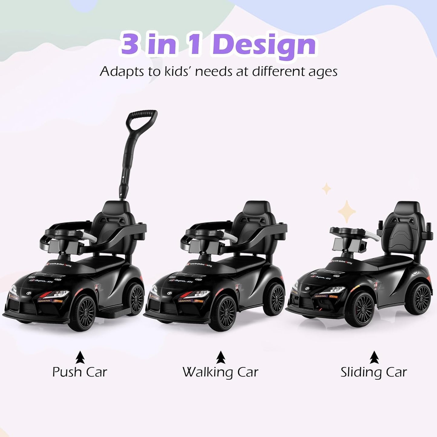 Licensed Toyota Ride on Push Car by OLAKIDS, 3 in 1 Toddlers Sliding Walking Toy with Parent Control Handle, Removable Guardrails, Underneath Storage