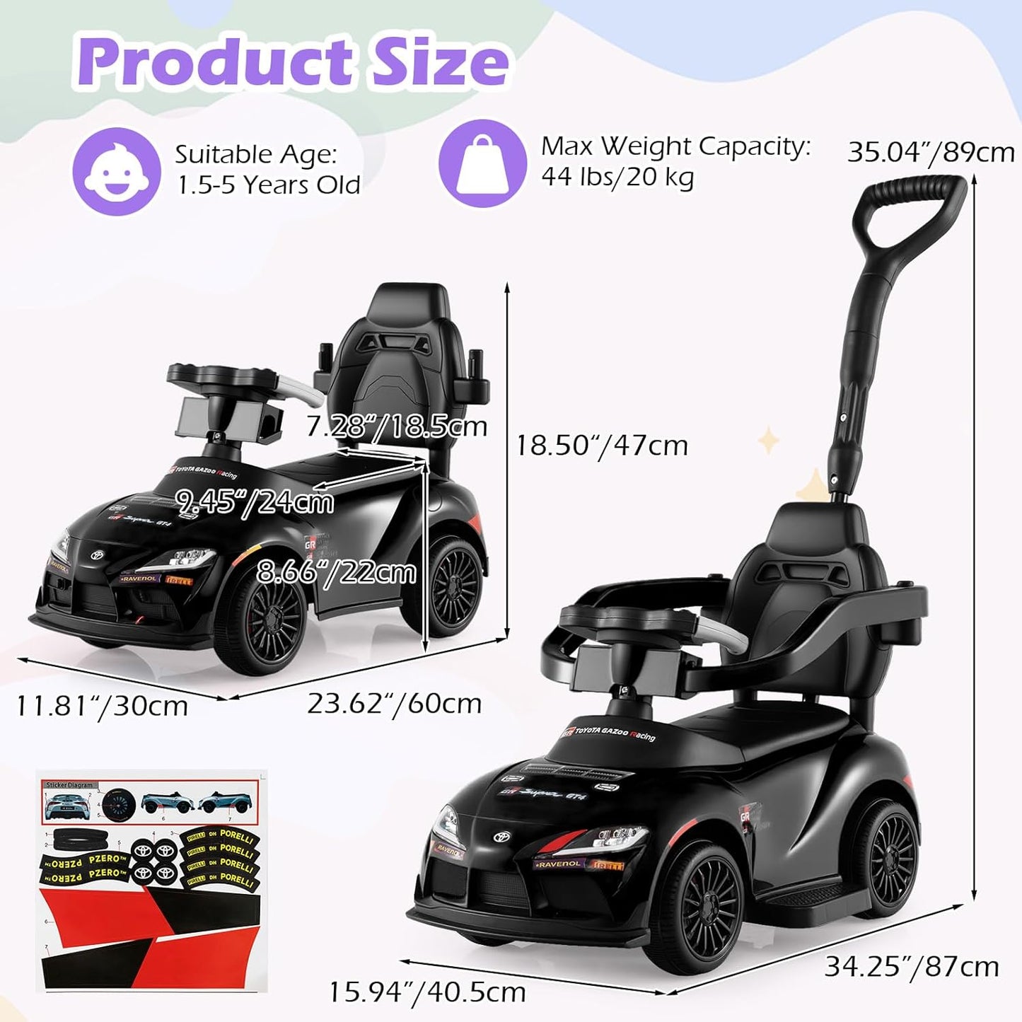 Licensed Toyota Ride on Push Car by OLAKIDS, 3 in 1 Toddlers Sliding Walking Toy with Parent Control Handle, Removable Guardrails, Underneath Storage