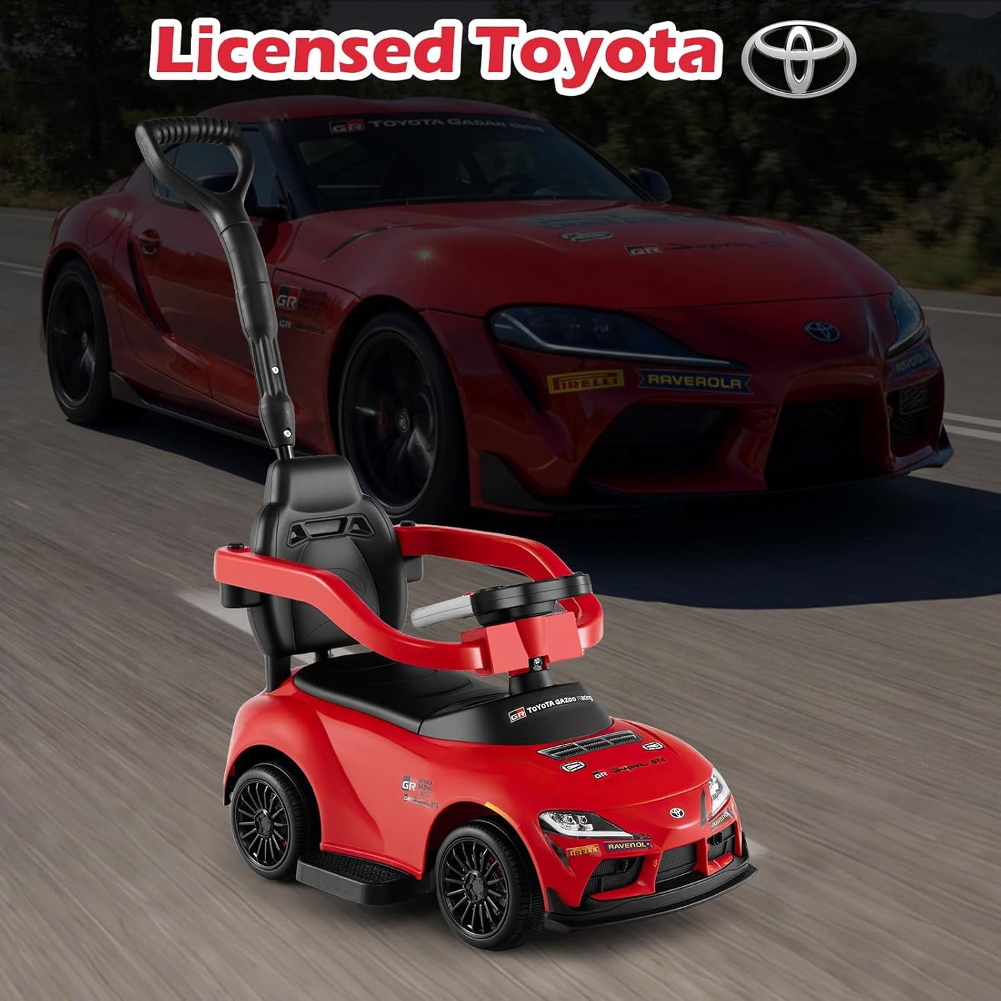 Licensed Toyota Ride on Push Car by OLAKIDS, 3 in 1 Toddlers Sliding Walking Toy with Parent Control Handle, Removable Guardrails, Underneath Storage