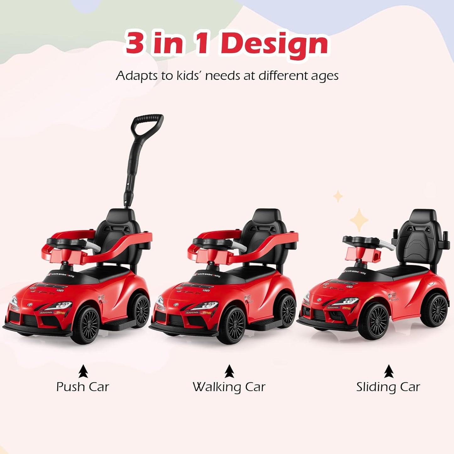 Licensed Toyota Ride on Push Car by OLAKIDS, 3 in 1 Toddlers Sliding Walking Toy with Parent Control Handle, Removable Guardrails, Underneath Storage