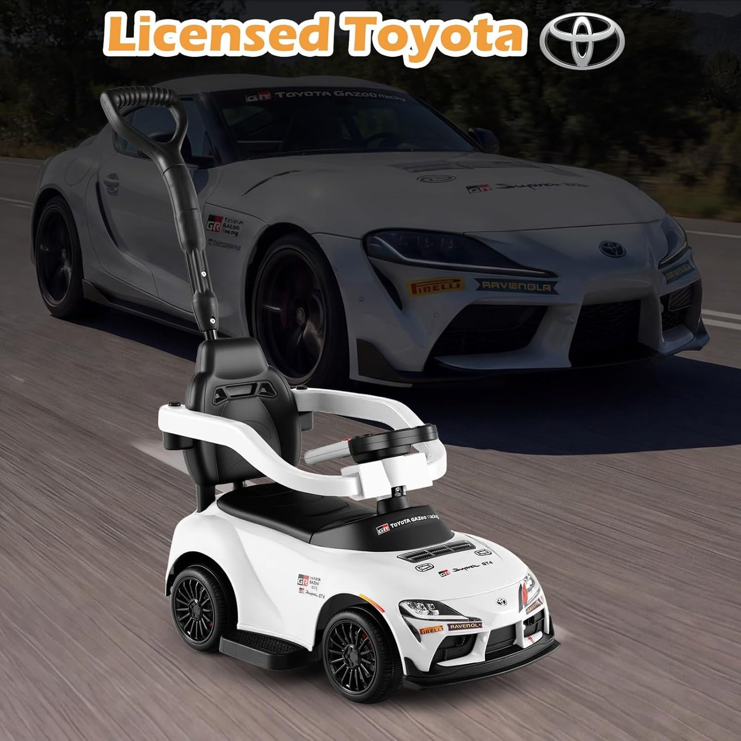 Licensed Toyota Ride on Push Car by OLAKIDS, 3 in 1 Toddlers Sliding Walking Toy with Parent Control Handle, Removable Guardrails, Underneath Storage