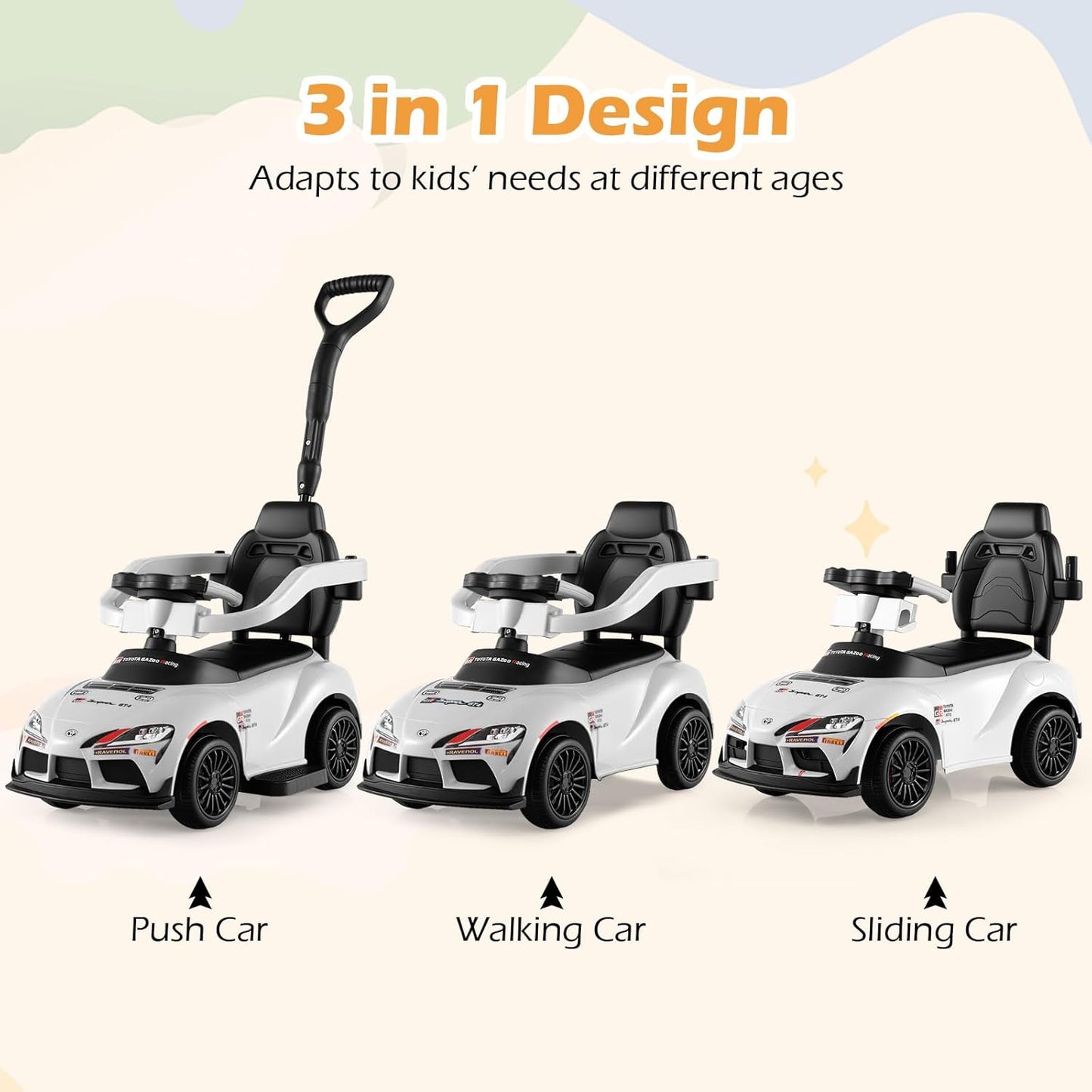 Licensed Toyota Ride on Push Car by OLAKIDS, 3 in 1 Toddlers Sliding Walking Toy with Parent Control Handle, Removable Guardrails, Underneath Storage