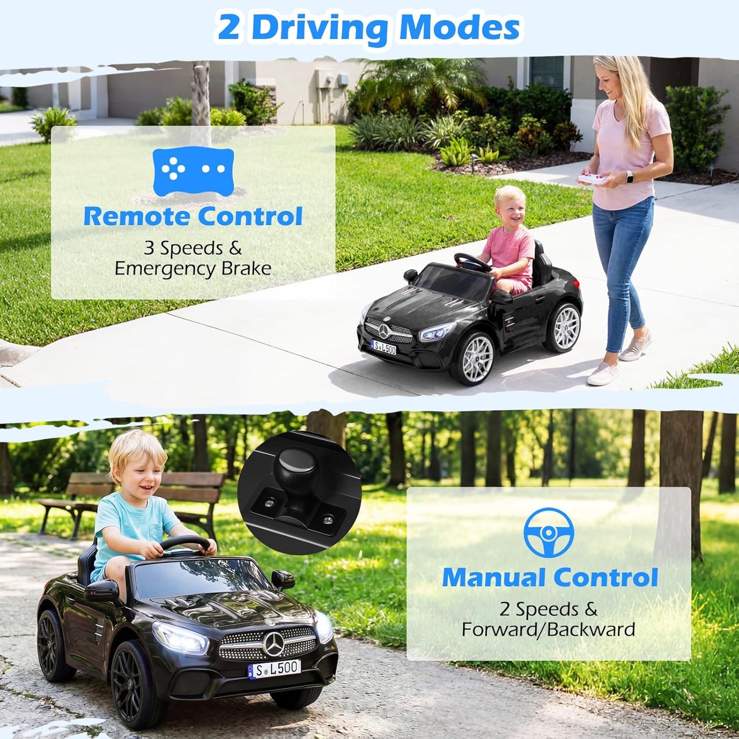 Licensed Mercedes Benz SL500 Ride on Car by OLAKIDS, 12V Kids Electric Vehicle with Parent Remote Control Soft Start Spring Suspension 2 Speeds Bluetooth Radio Music