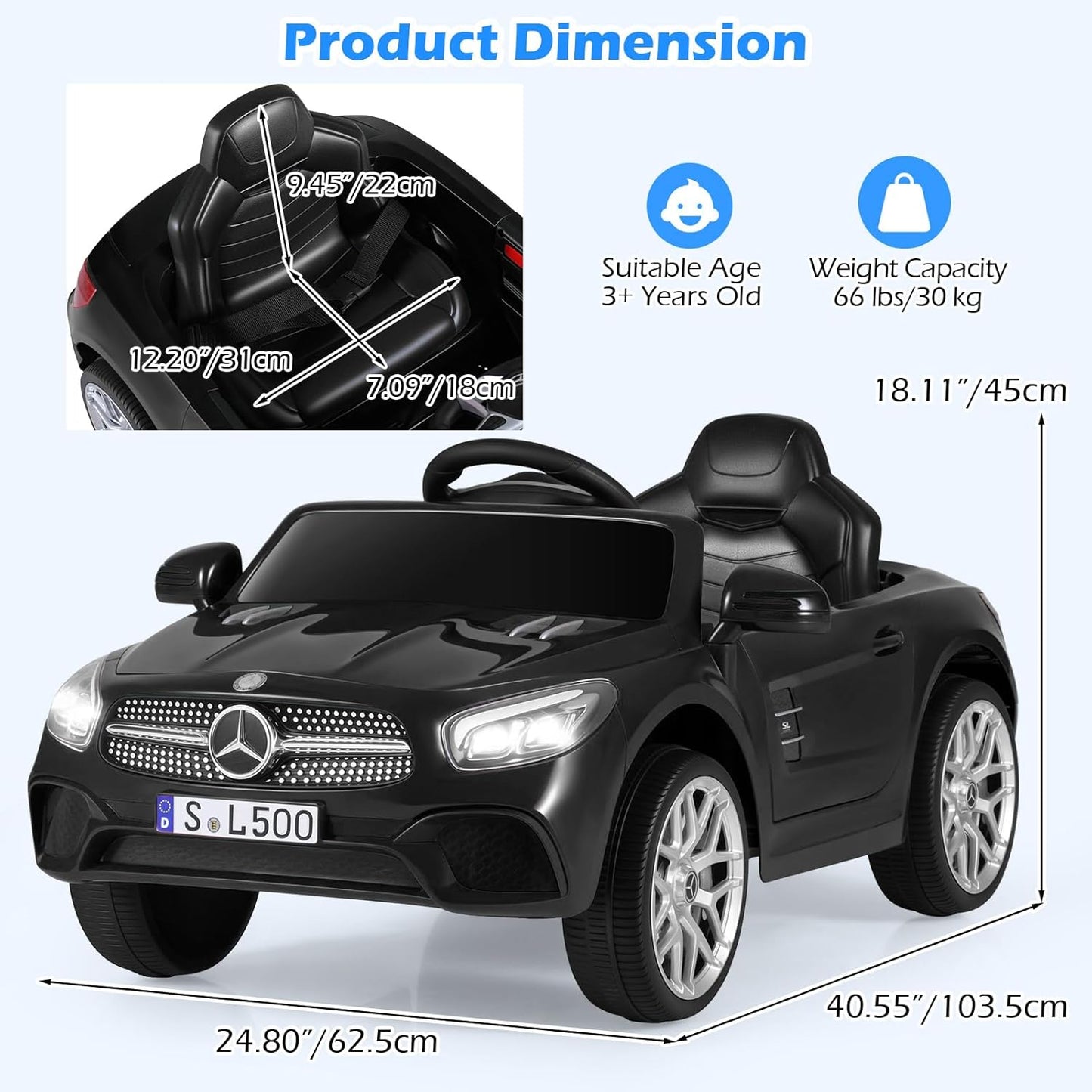 Licensed Mercedes Benz SL500 Ride on Car by OLAKIDS, 12V Kids Electric Vehicle with Parent Remote Control Soft Start Spring Suspension 2 Speeds Bluetooth Radio Music