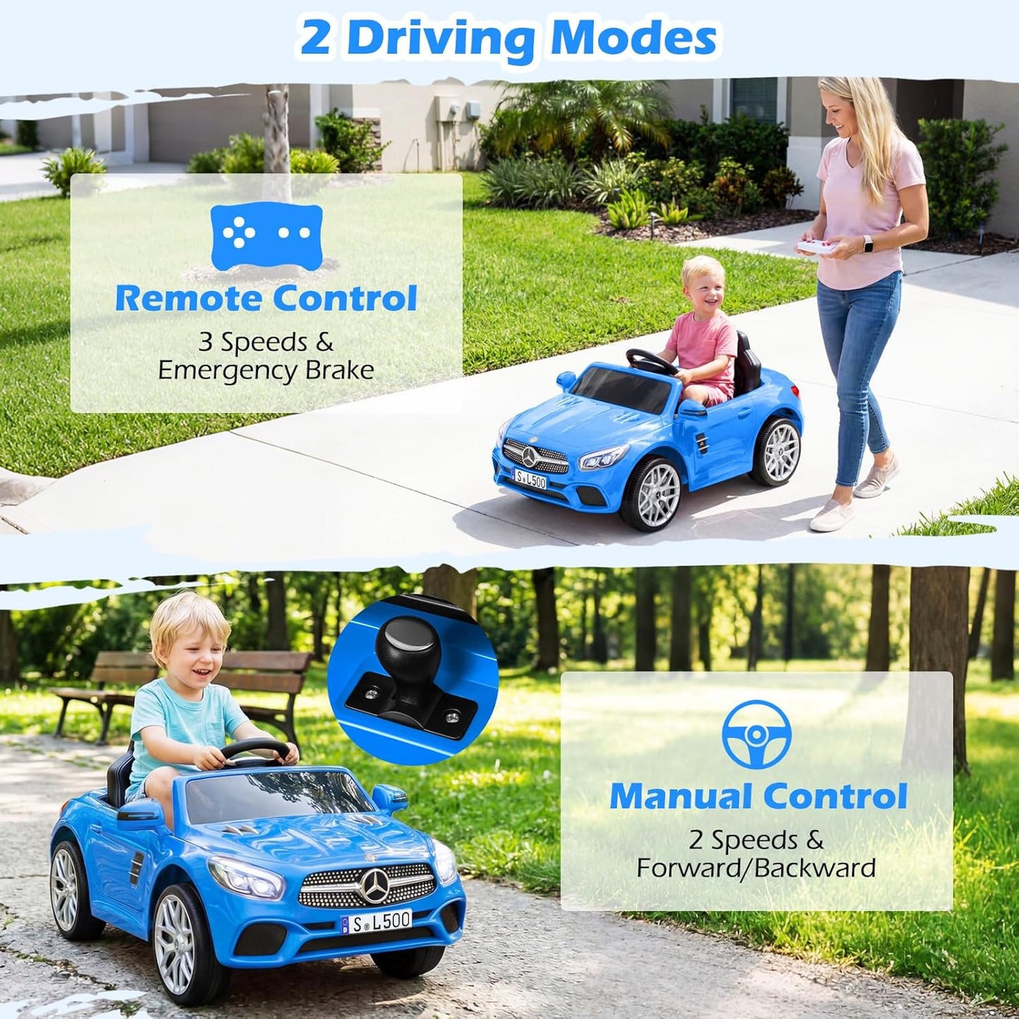 Licensed Mercedes Benz SL500 Ride on Car by OLAKIDS, 12V Kids Electric Vehicle with Parent Remote Control Soft Start Spring Suspension 2 Speeds Bluetooth Radio Music