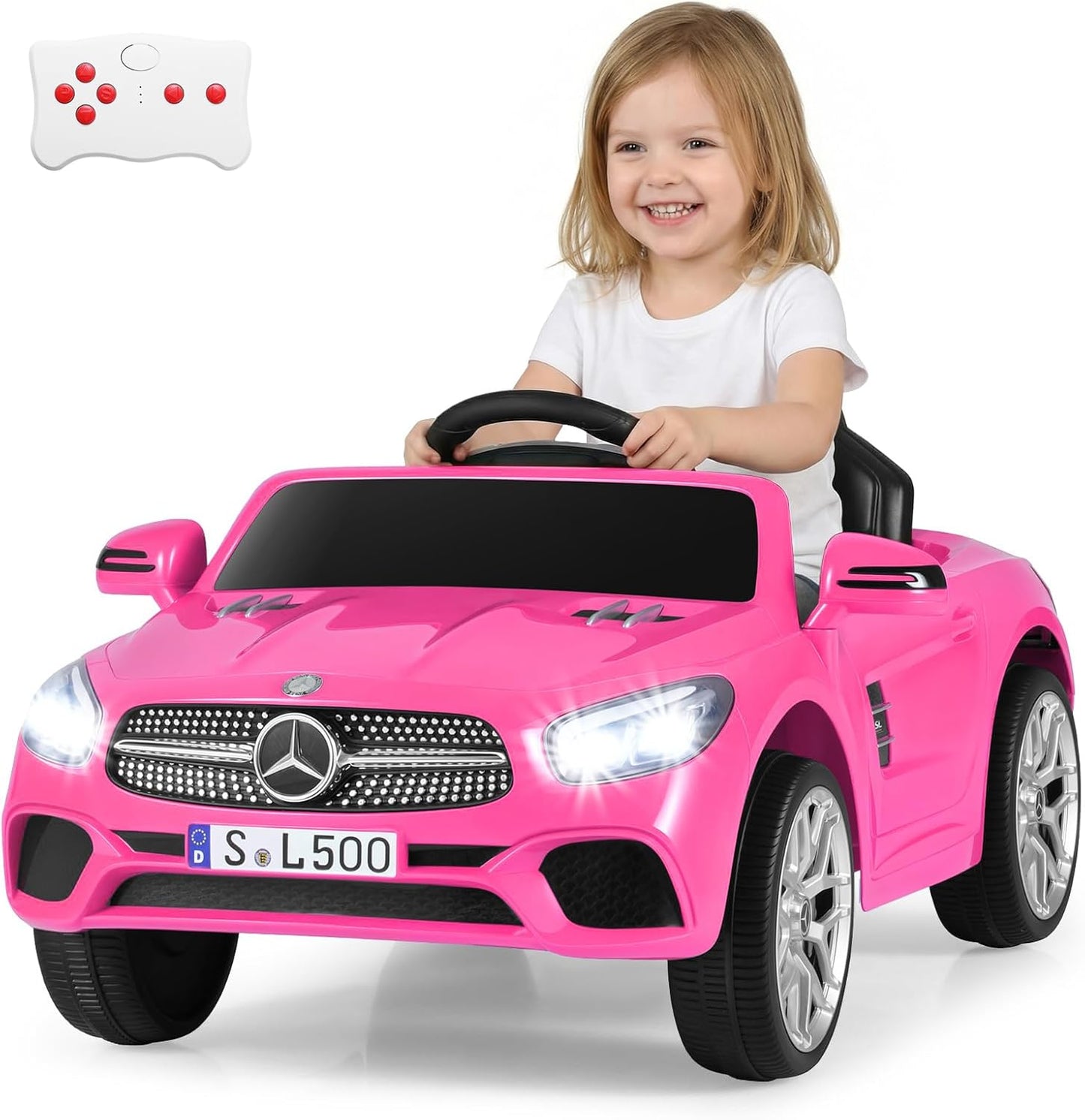Licensed Mercedes Benz SL500 Ride on Car by OLAKIDS, 12V Kids Electric Vehicle with Parent Remote Control Soft Start Spring Suspension 2 Speeds Bluetooth Radio Music