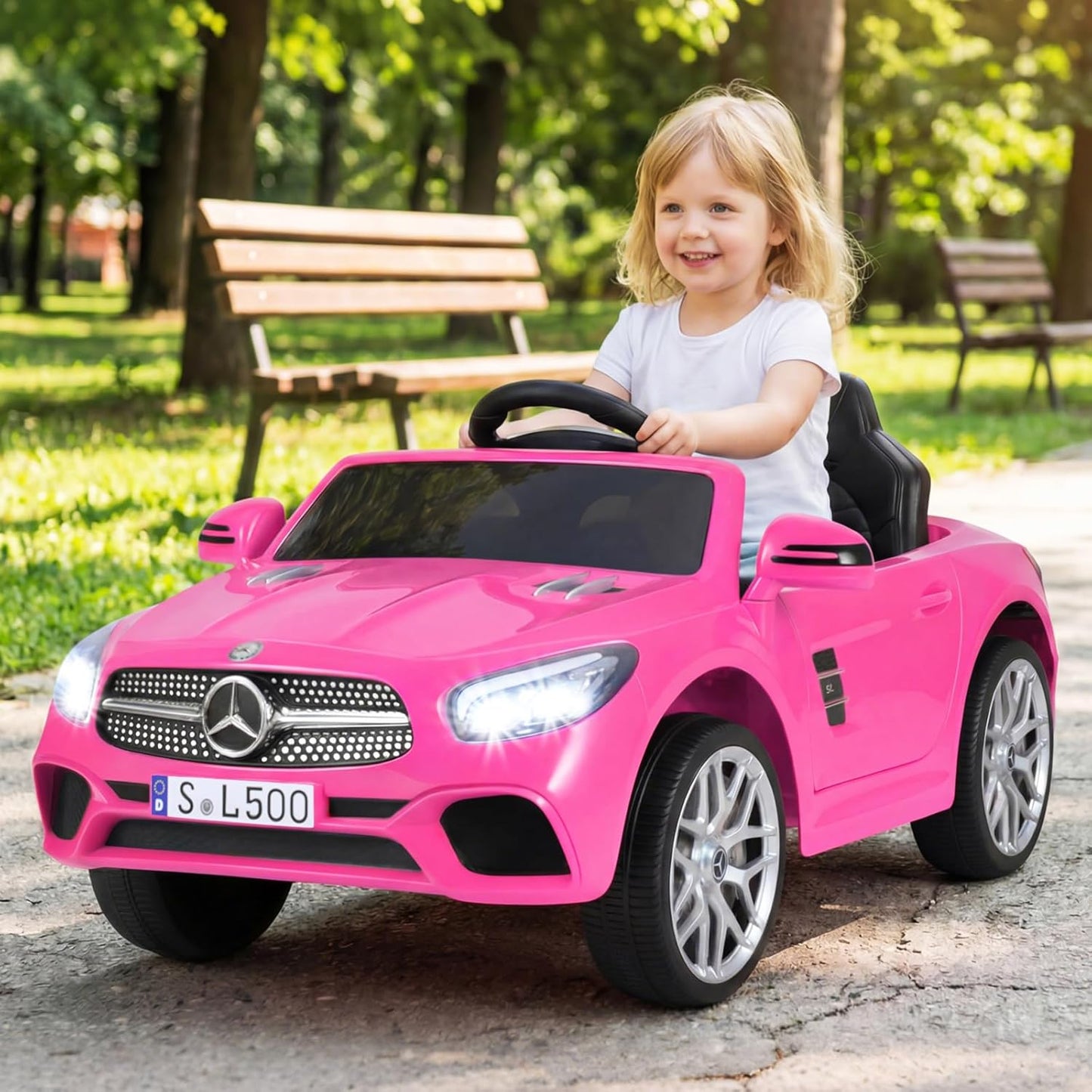 Licensed Mercedes Benz SL500 Ride on Car by OLAKIDS, 12V Kids Electric Vehicle with Parent Remote Control Soft Start Spring Suspension 2 Speeds Bluetooth Radio Music