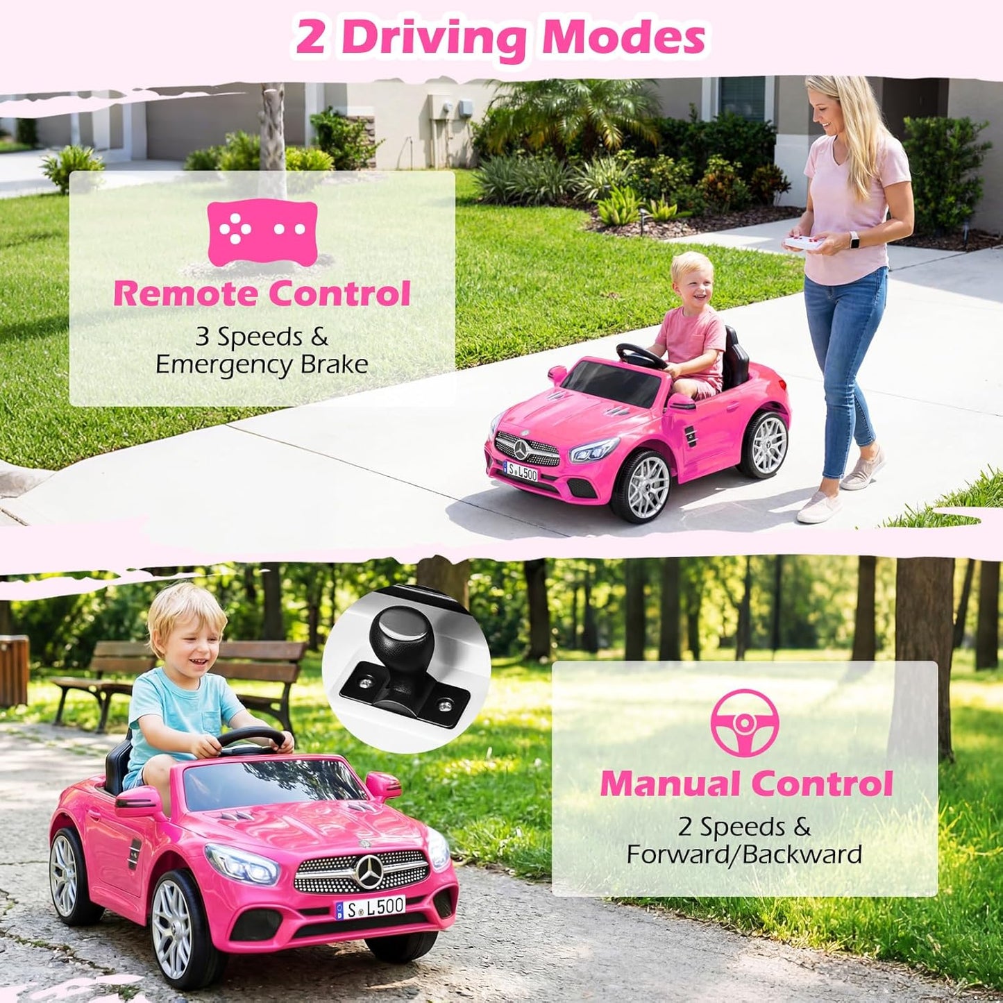 Licensed Mercedes Benz SL500 Ride on Car by OLAKIDS, 12V Kids Electric Vehicle with Parent Remote Control Soft Start Spring Suspension 2 Speeds Bluetooth Radio Music