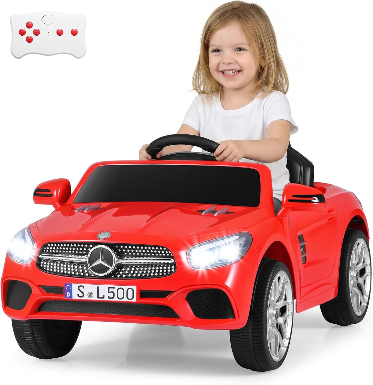 Licensed Mercedes Benz SL500 Ride on Car by OLAKIDS, 12V Kids Electric Vehicle with Parent Remote Control Soft Start Spring Suspension 2 Speeds Bluetooth Radio Music