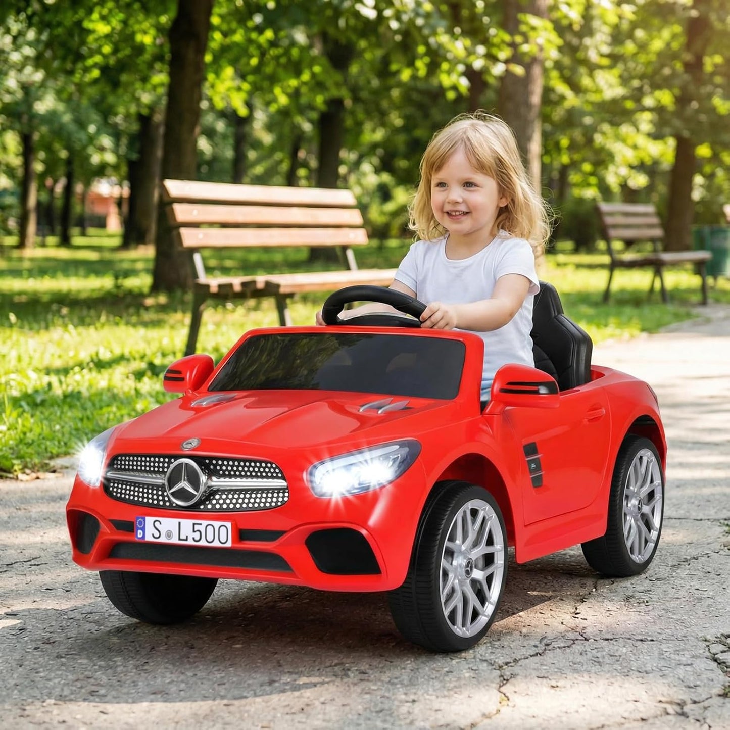 Licensed Mercedes Benz SL500 Ride on Car by OLAKIDS, 12V Kids Electric Vehicle with Parent Remote Control Soft Start Spring Suspension 2 Speeds Bluetooth Radio Music