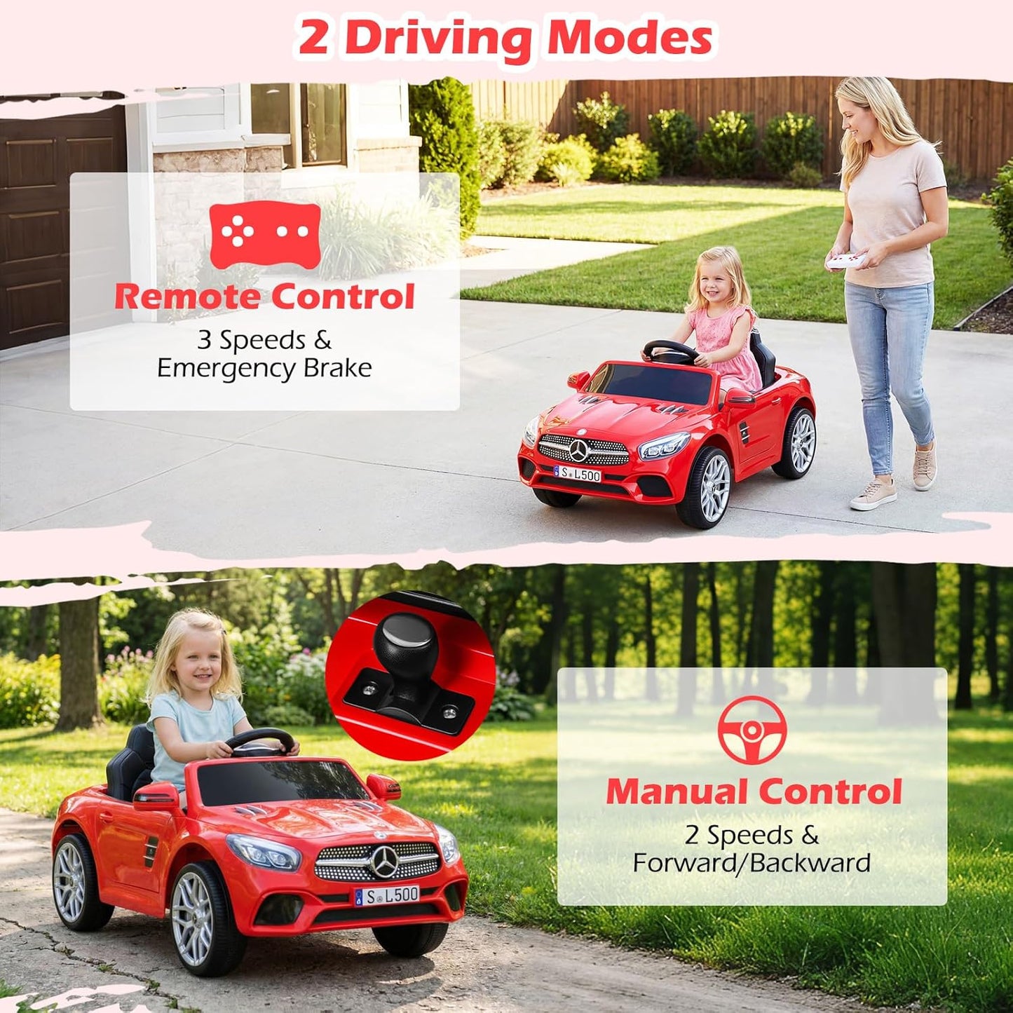 Licensed Mercedes Benz SL500 Ride on Car by OLAKIDS, 12V Kids Electric Vehicle with Parent Remote Control Soft Start Spring Suspension 2 Speeds Bluetooth Radio Music