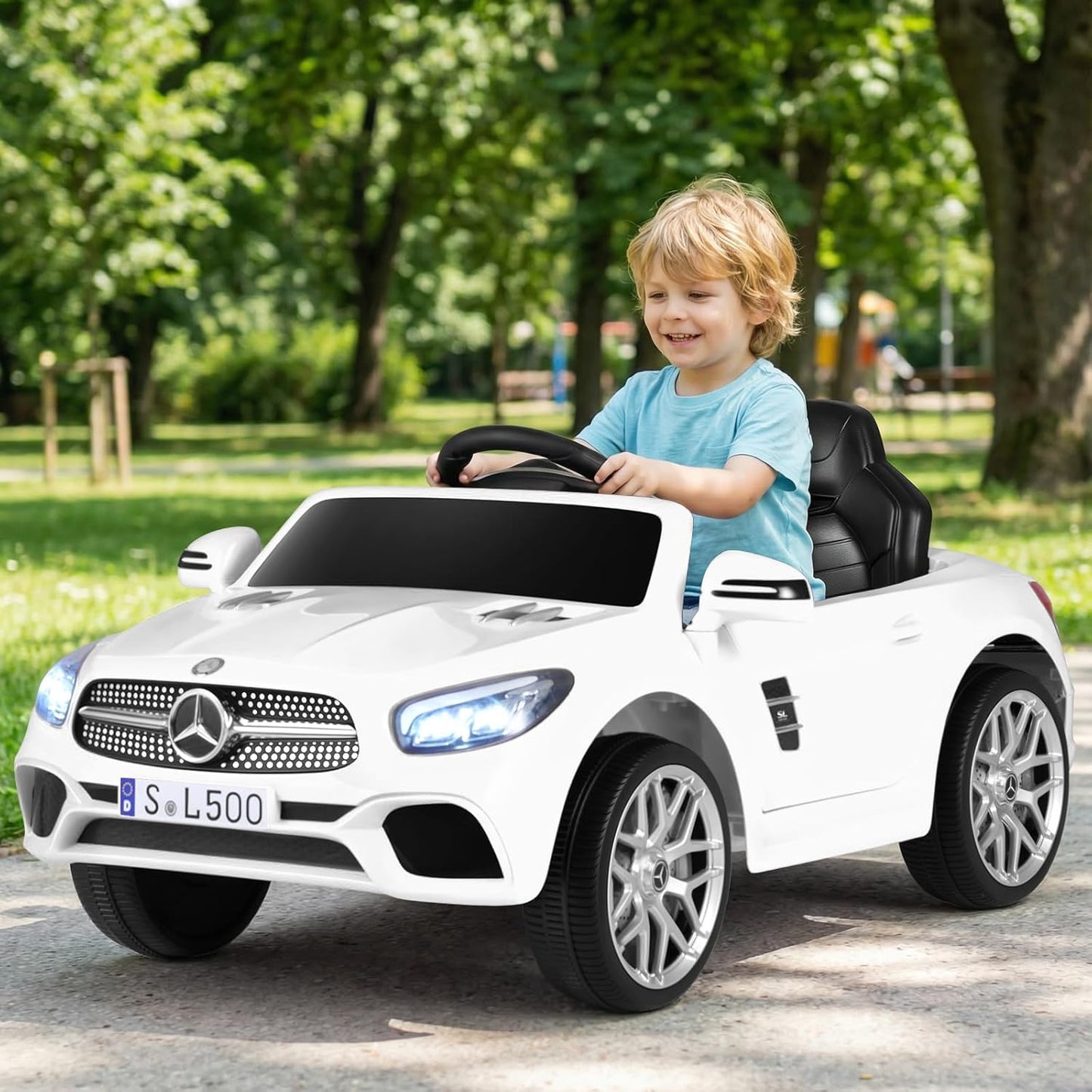 Licensed Mercedes Benz SL500 Ride on Car by OLAKIDS, 12V Kids Electric Vehicle with Parent Remote Control Soft Start Spring Suspension 2 Speeds Bluetooth Radio Music