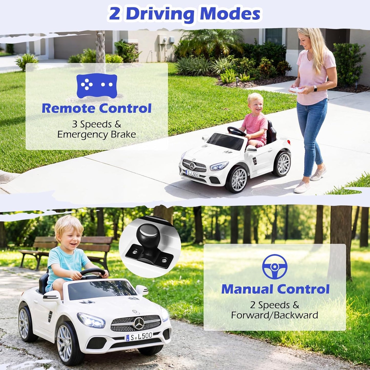Licensed Mercedes Benz SL500 Ride on Car by OLAKIDS, 12V Kids Electric Vehicle with Parent Remote Control Soft Start Spring Suspension 2 Speeds Bluetooth Radio Music
