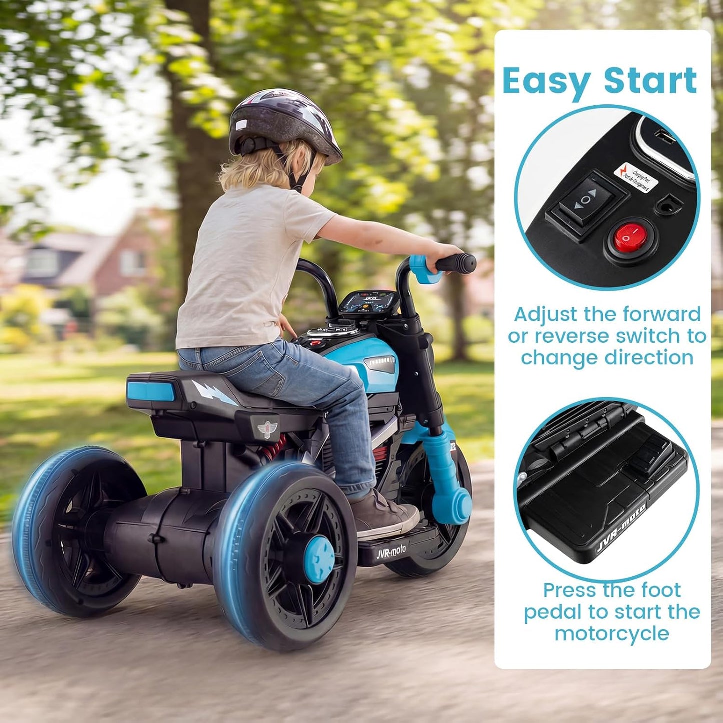 OLAKIDS 6V Kids Motorcycle with Forward & Reverse Switch, Headlight, Horn, Music, Story, USB Port, 3-Wheel Battery Powered Electric Ride on Toys for Toddler Boys Girls
