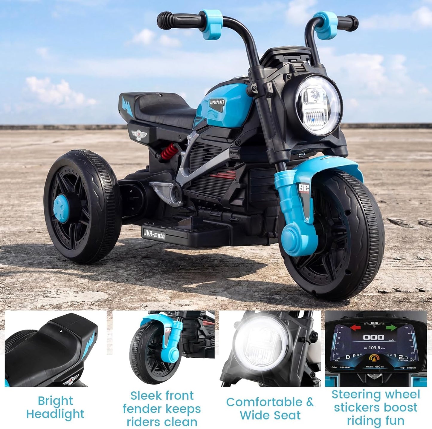 OLAKIDS 6V Kids Motorcycle with Forward & Reverse Switch, Headlight, Horn, Music, Story, USB Port, 3-Wheel Battery Powered Electric Ride on Toys for Toddler Boys Girls
