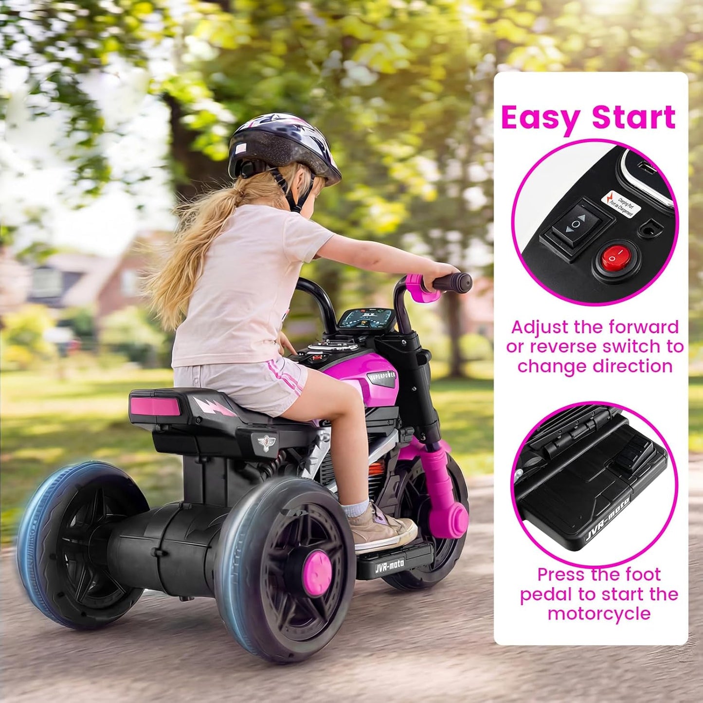 OLAKIDS 6V Kids Motorcycle with Forward & Reverse Switch, Headlight, Horn, Music, Story, USB Port, 3-Wheel Battery Powered Electric Ride on Toys for Toddler Boys Girls