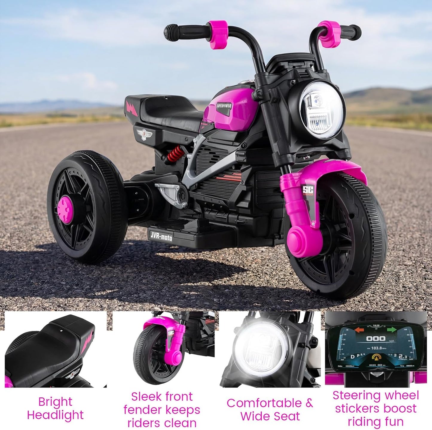OLAKIDS 6V Kids Motorcycle with Forward & Reverse Switch, Headlight, Horn, Music, Story, USB Port, 3-Wheel Battery Powered Electric Ride on Toys for Toddler Boys Girls