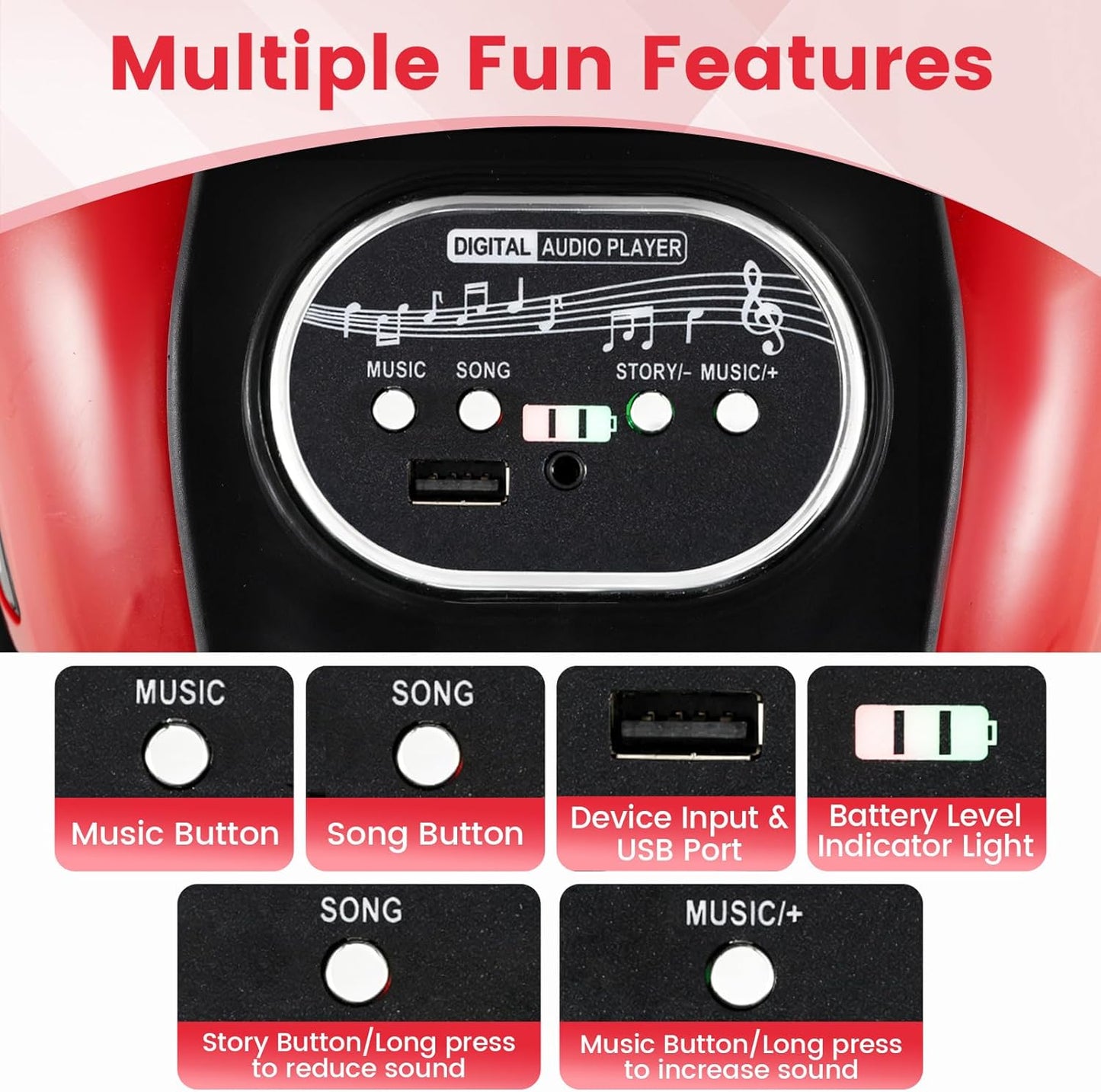 OLAKIDS 6V Kids Motorcycle with Forward & Reverse Switch, Headlight, Horn, Music, Story, USB Port, 3-Wheel Battery Powered Electric Ride on Toys for Toddler Boys Girls