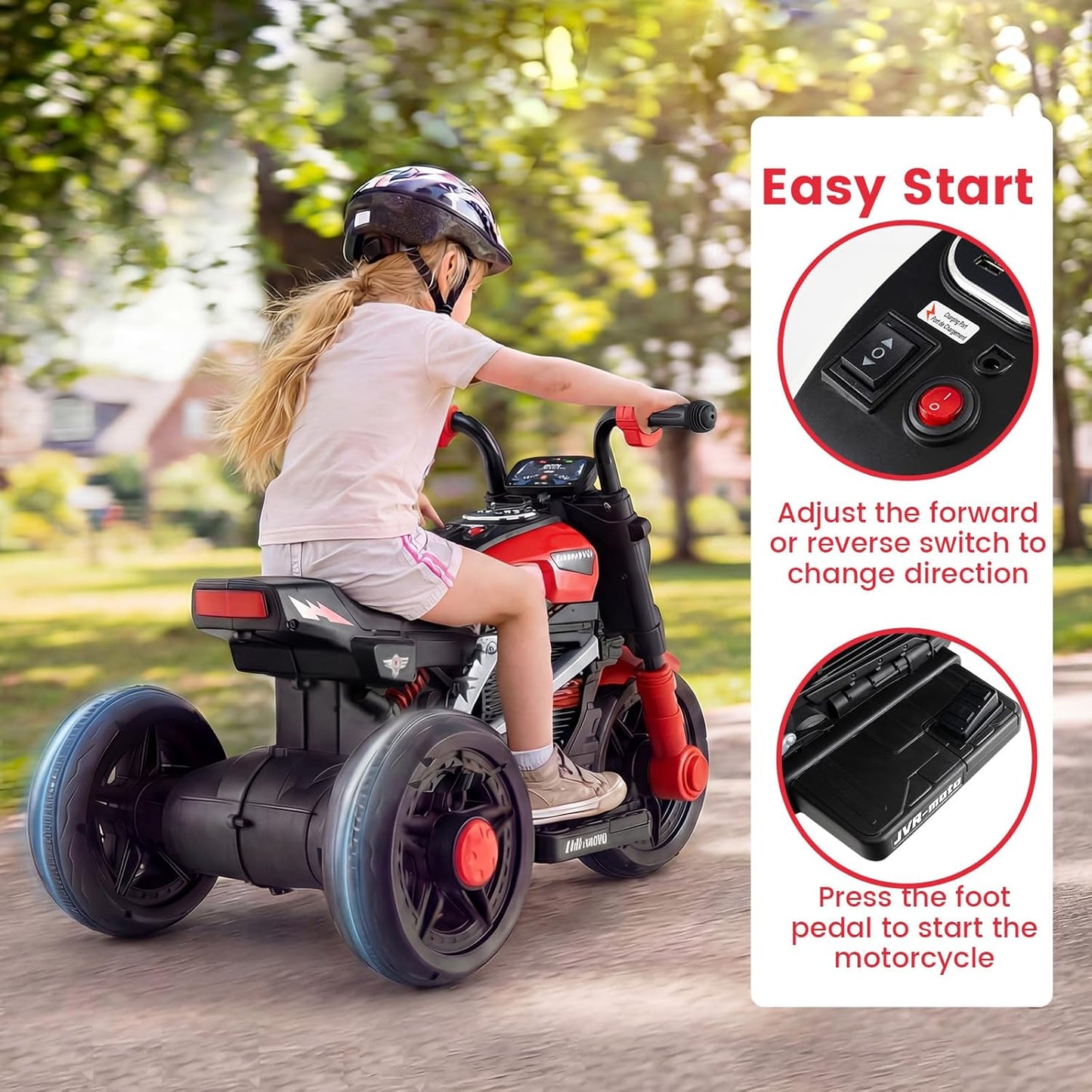 OLAKIDS 6V Kids Motorcycle with Forward & Reverse Switch, Headlight, Horn, Music, Story, USB Port, 3-Wheel Battery Powered Electric Ride on Toys for Toddler Boys Girls