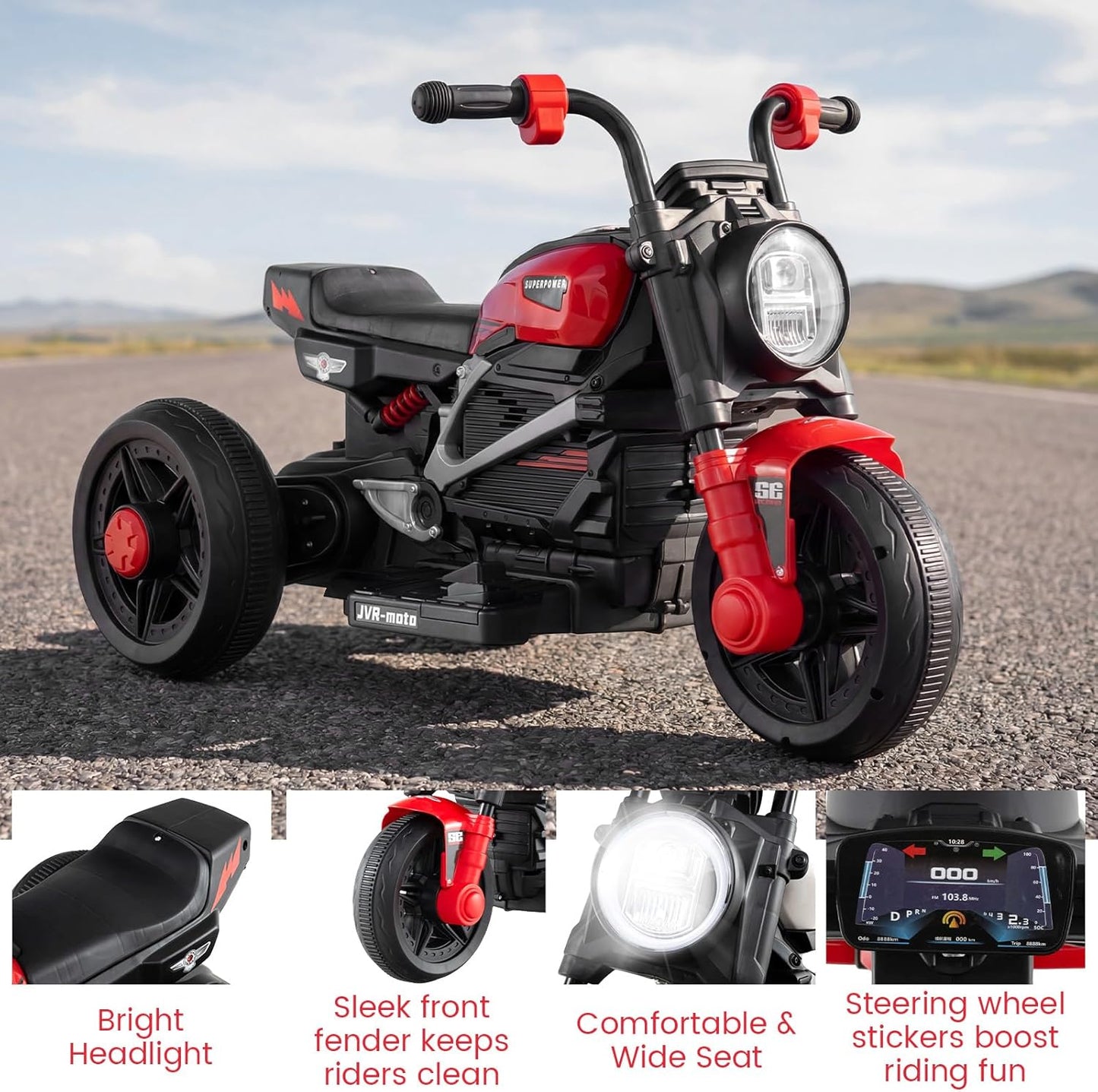 OLAKIDS 6V Kids Motorcycle with Forward & Reverse Switch, Headlight, Horn, Music, Story, USB Port, 3-Wheel Battery Powered Electric Ride on Toys for Toddler Boys Girls