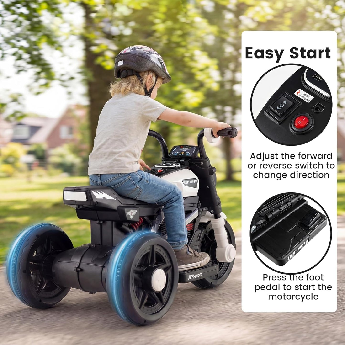 OLAKIDS 6V Kids Motorcycle with Forward & Reverse Switch, Headlight, Horn, Music, Story, USB Port, 3-Wheel Battery Powered Electric Ride on Toys for Toddler Boys Girls