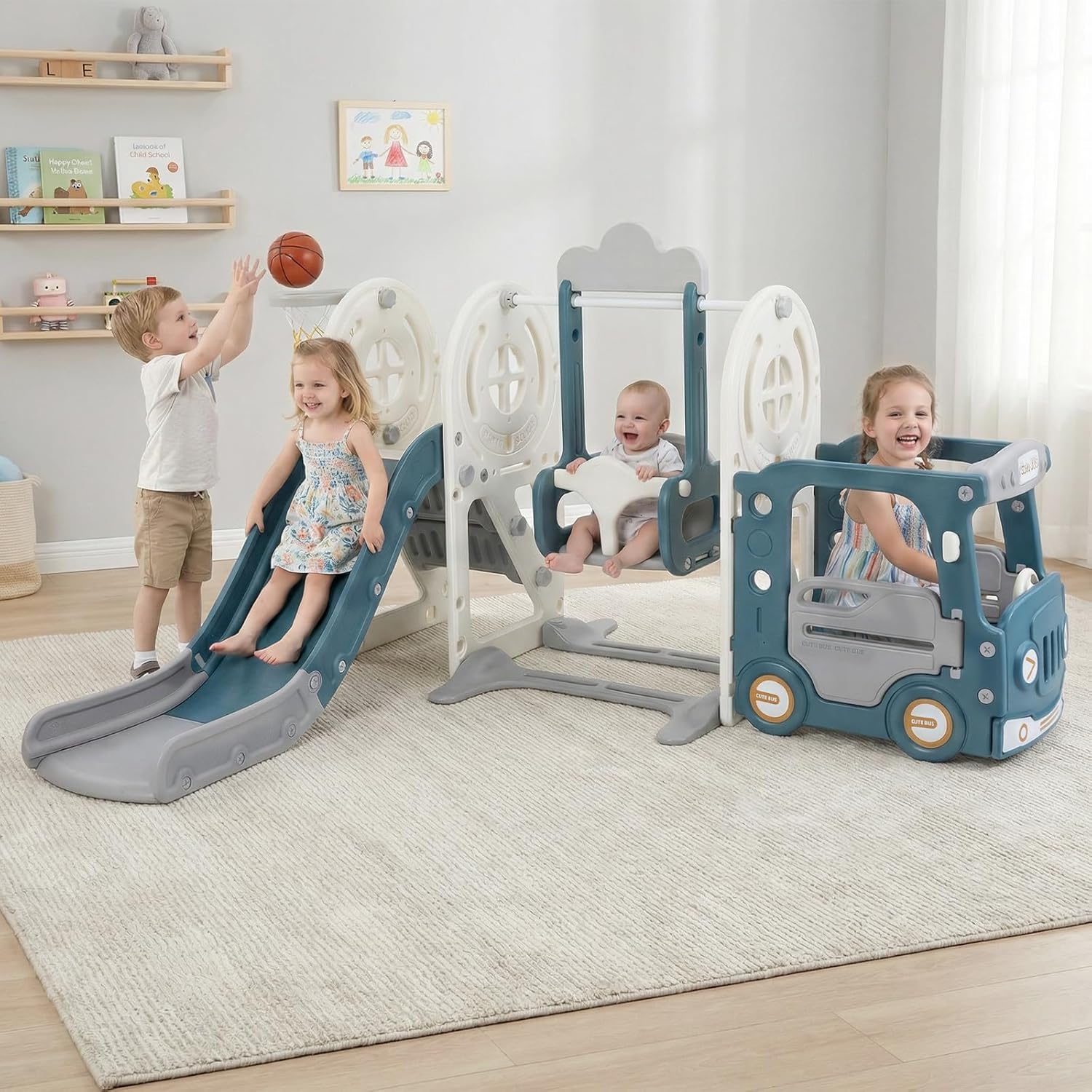 OLAKIDS 5 in 1 Bus Themed Toddler Slide & Swing Set with Climber, Basketball Hoop & Playhouse
