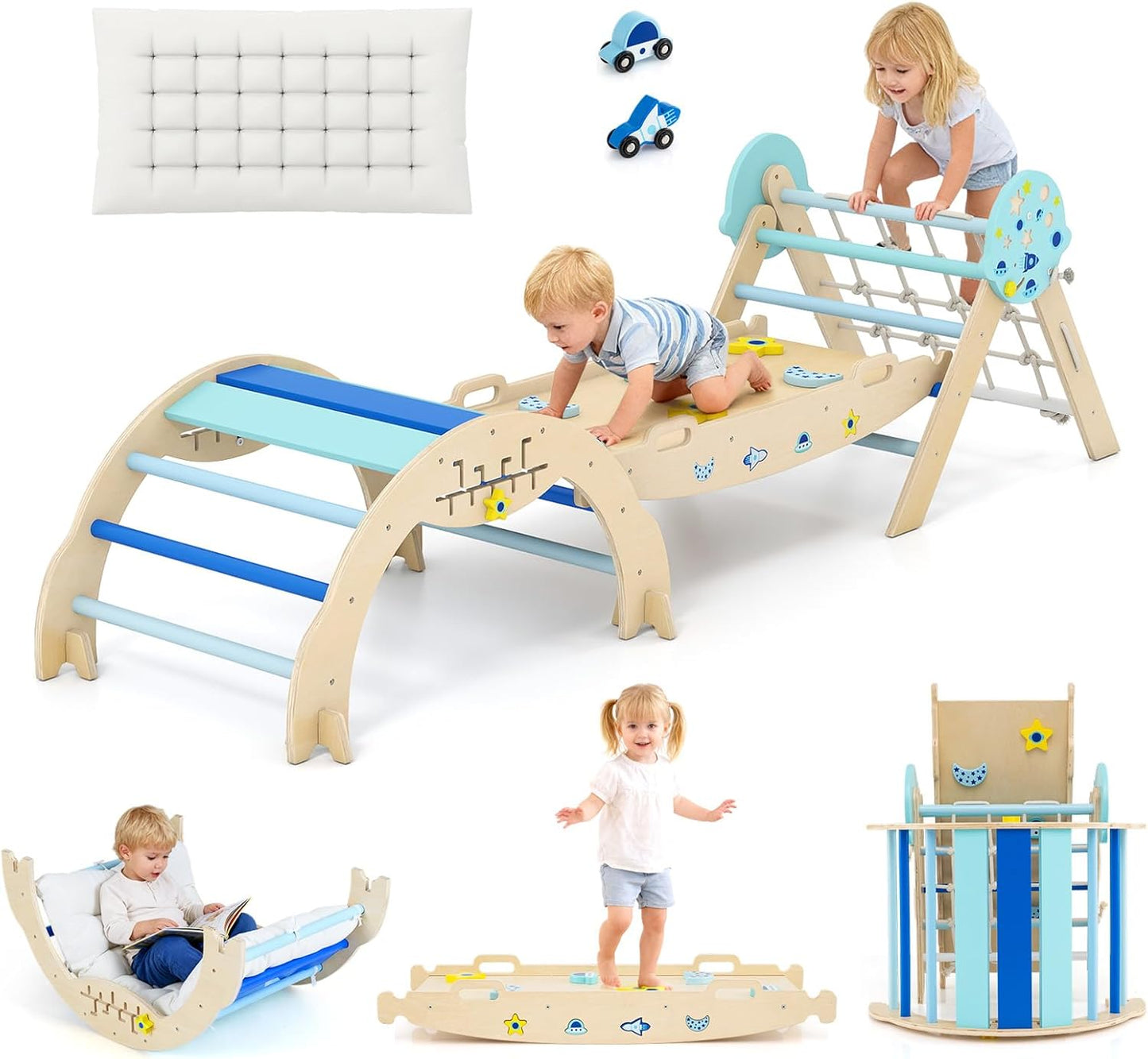 Olakids Pikler Triangle Set, 13 in 1 Astronaut Theme Foldable Wooden Montessori Toddler Climbing Toys